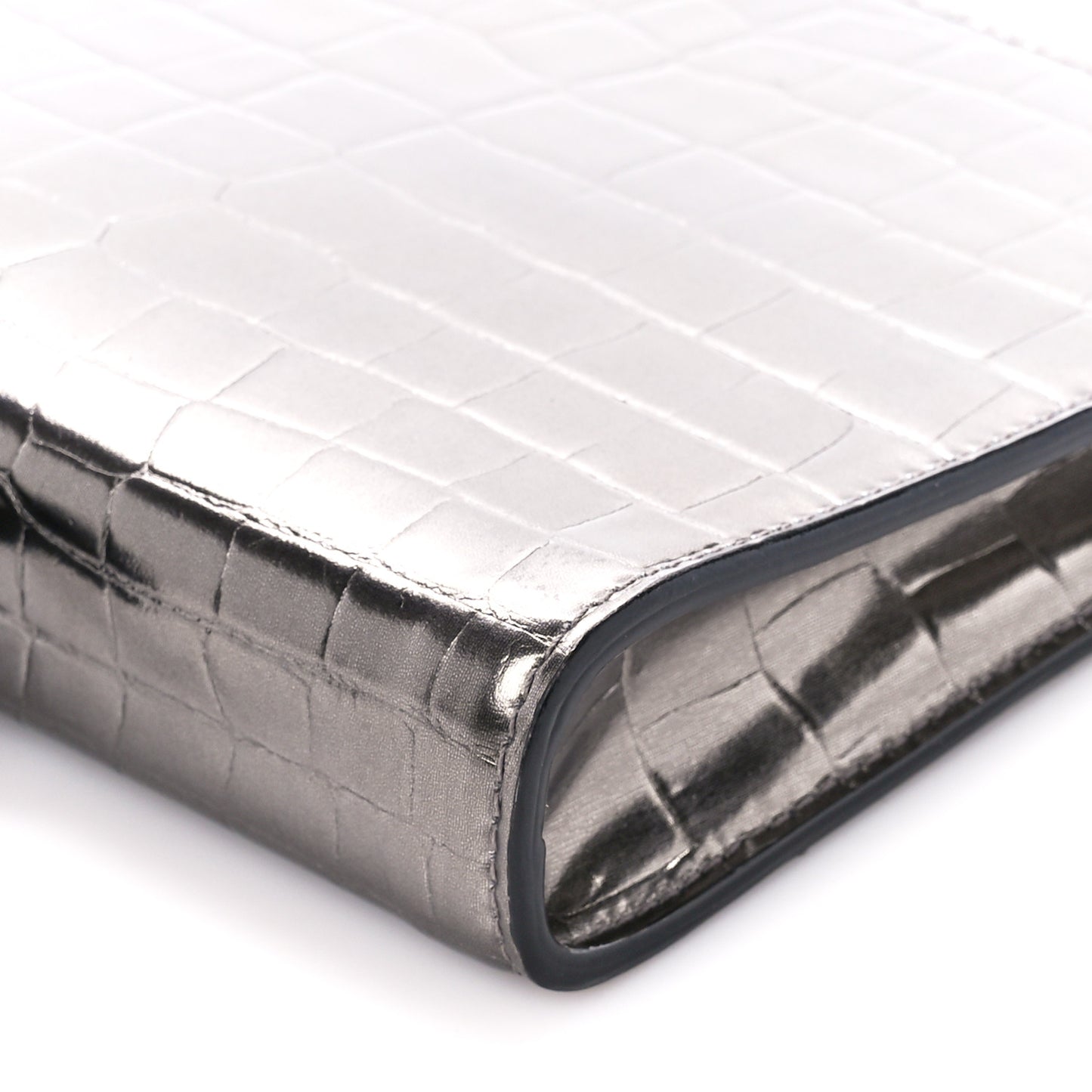 Metallic Calfskin Crocodile Embossed Knuckle Flat Zip Clutch Silver