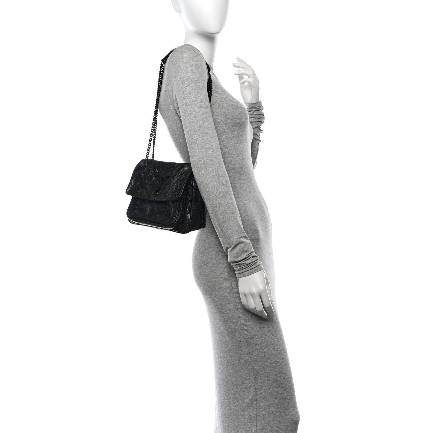 Crinkled Calfskin Matelasse Monogram Baby Niki Chain Satchel Black