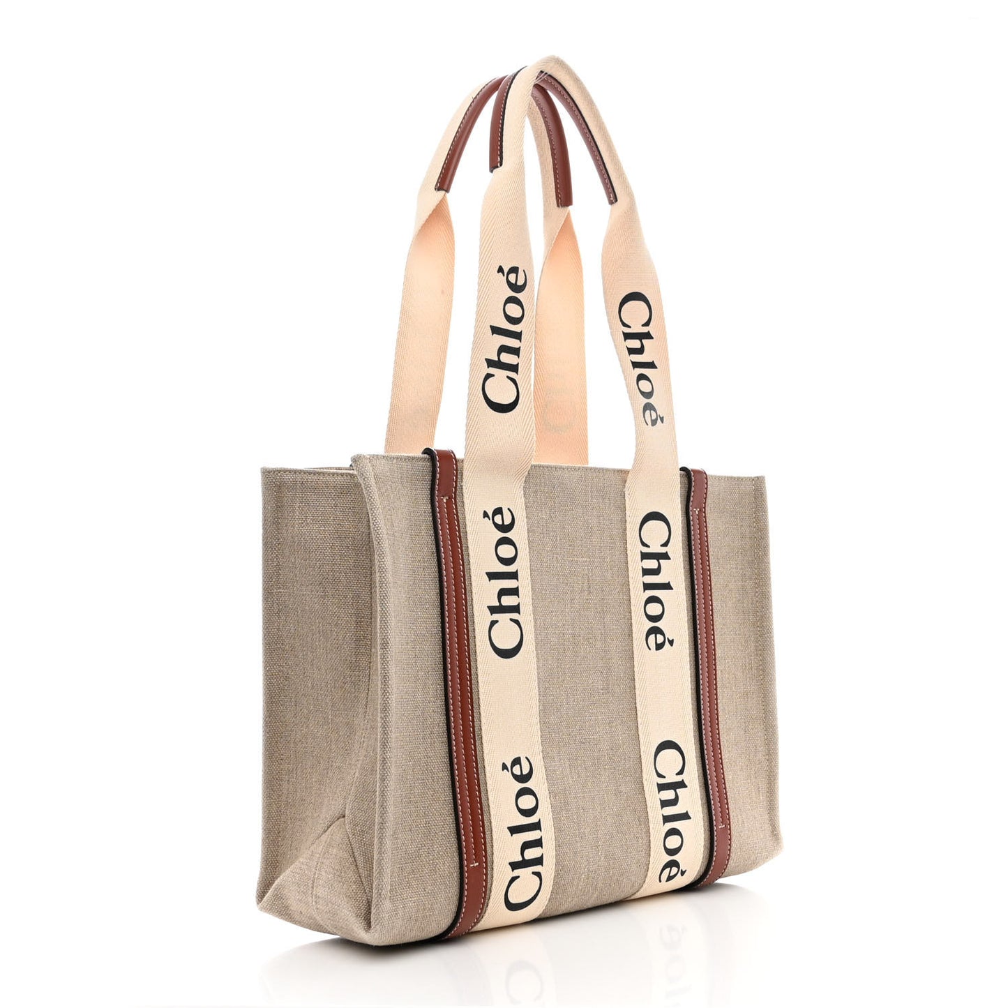 Linen Calfskin Medium Woody Ribbon Tote White Brown