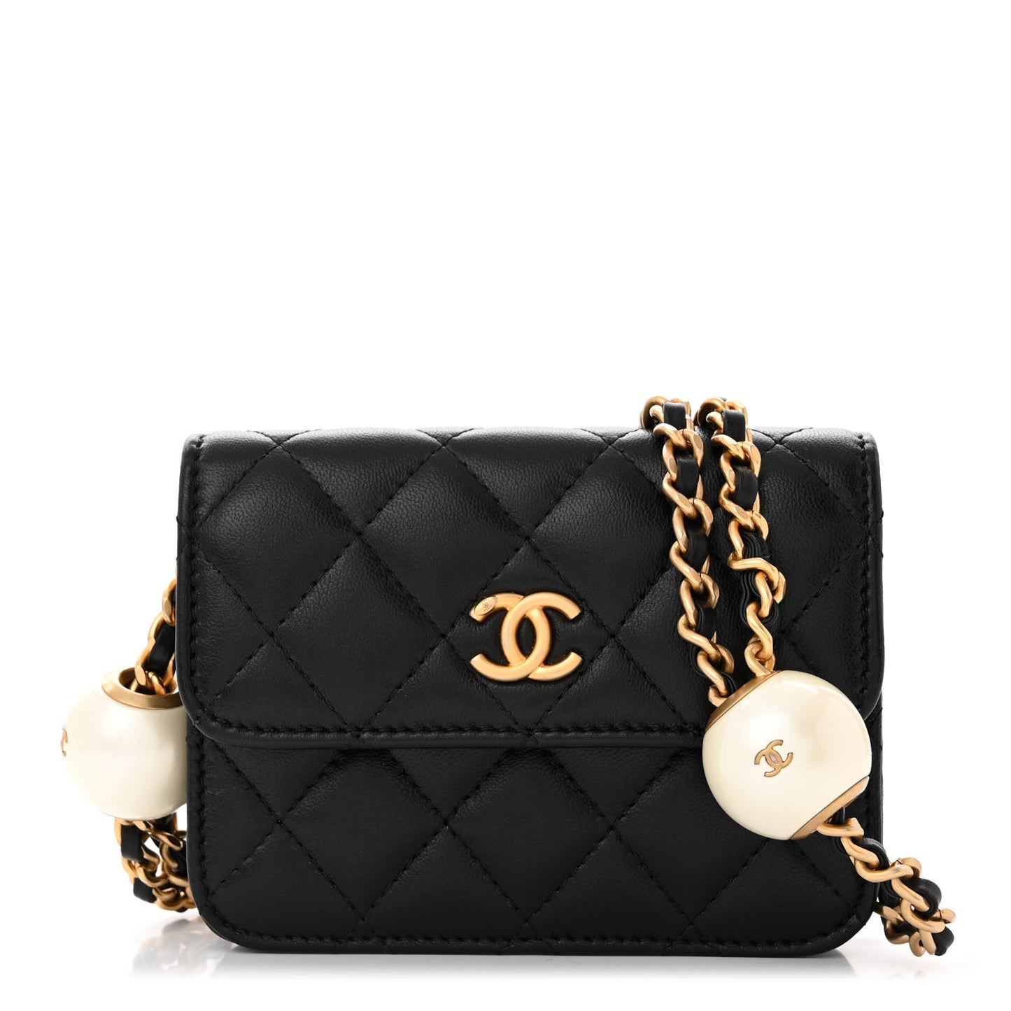 Lambskin Quilted Maxi Pearl Clutch With Chain Black