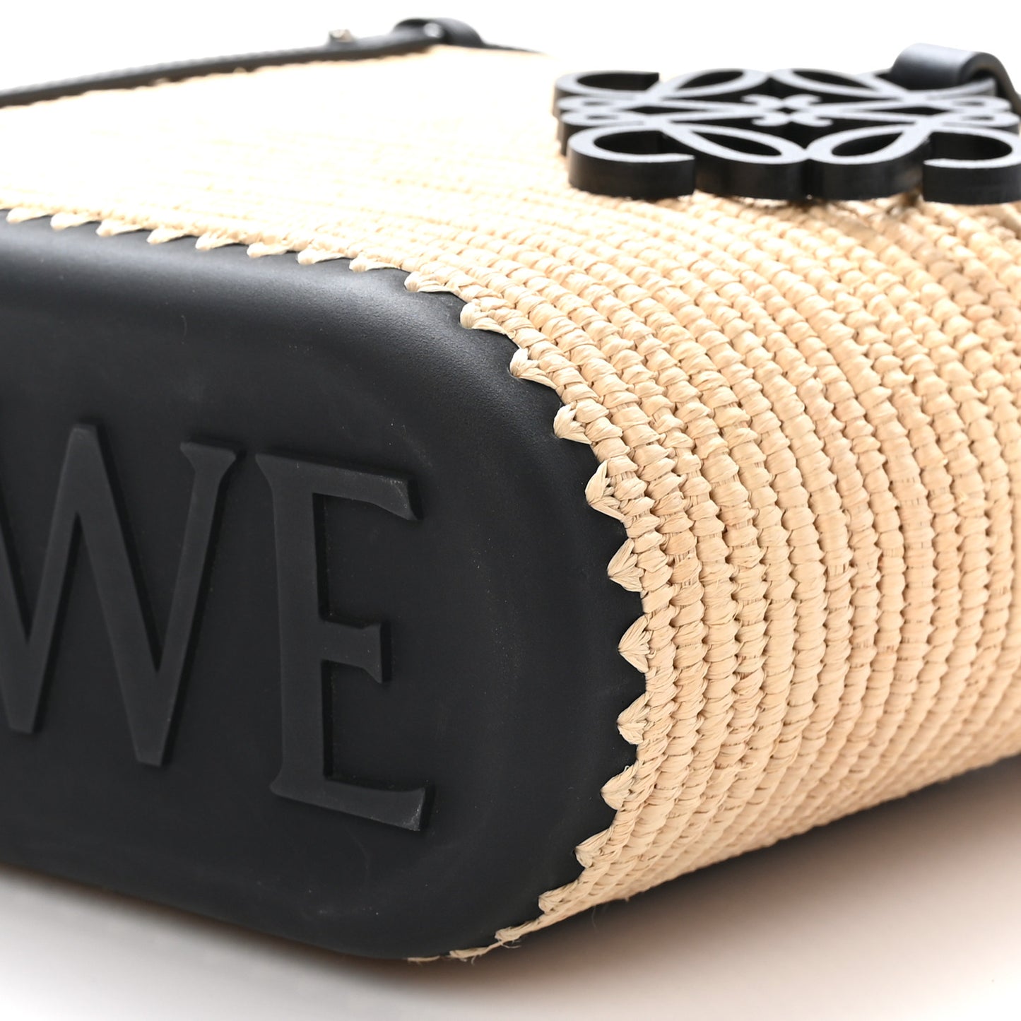 X PAULA'S IBIZA Raffia Calfskin Small Square Basket Tote Bag Natural Black