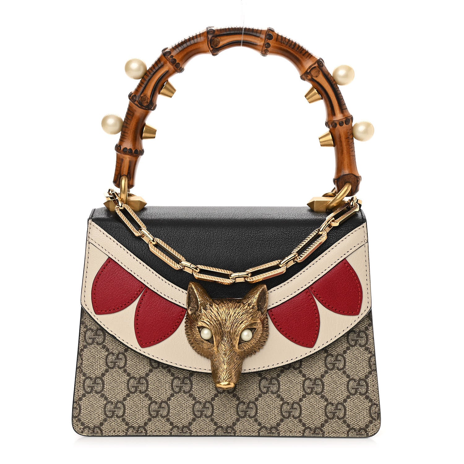 【希少性】✨極美品✨☘️GUCCI☘️✨ミニボストンバッグ✨GG柄✨PVCレザー✨ Gucci GG Supreme Monogram Goatskin Pearl Mini Fox Broche Bamboo