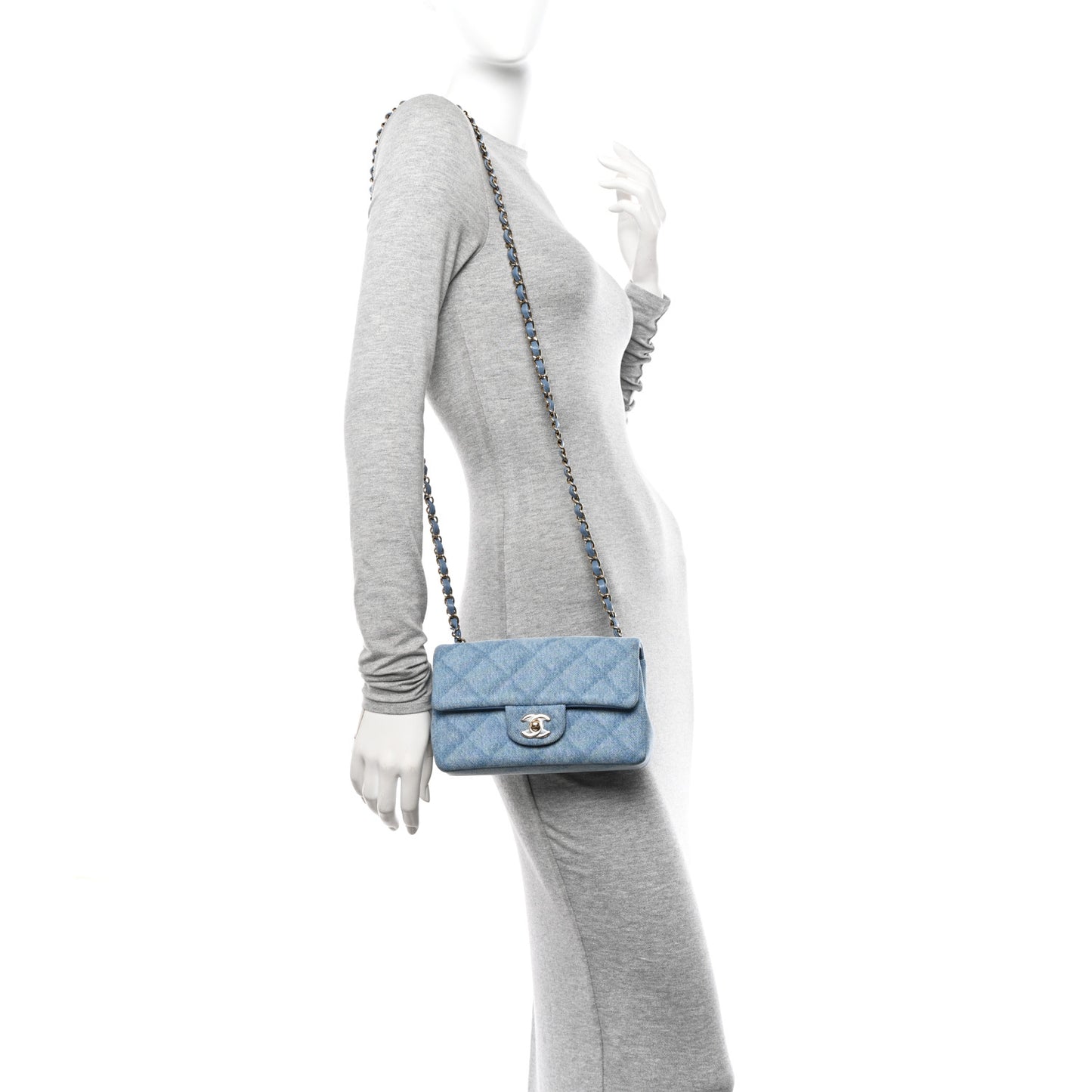 Printed Denim Quilted Mini Rectangular Flap Light Blue