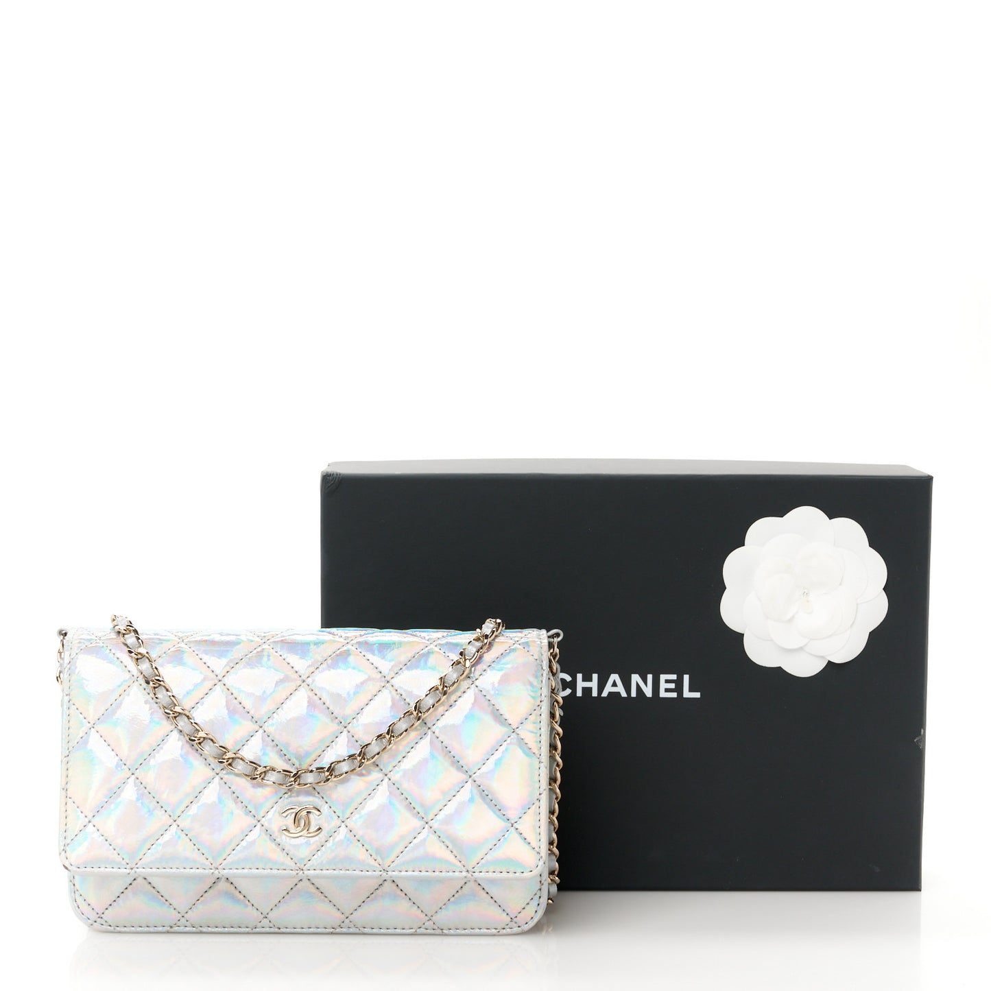 Iridescent Goatskin Quilted Wallet On Chain WOC Silver