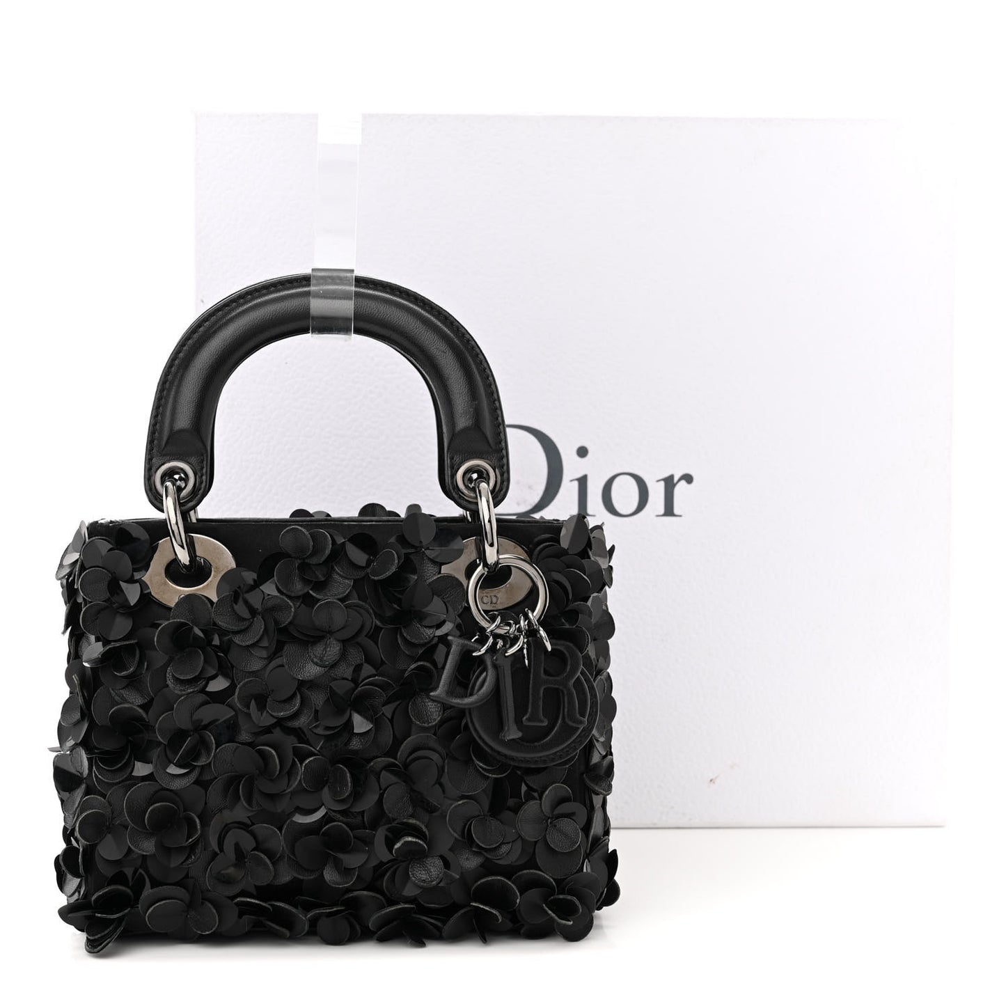 Lambskin Satin Sequin Floral Mini Lady Dior Black
