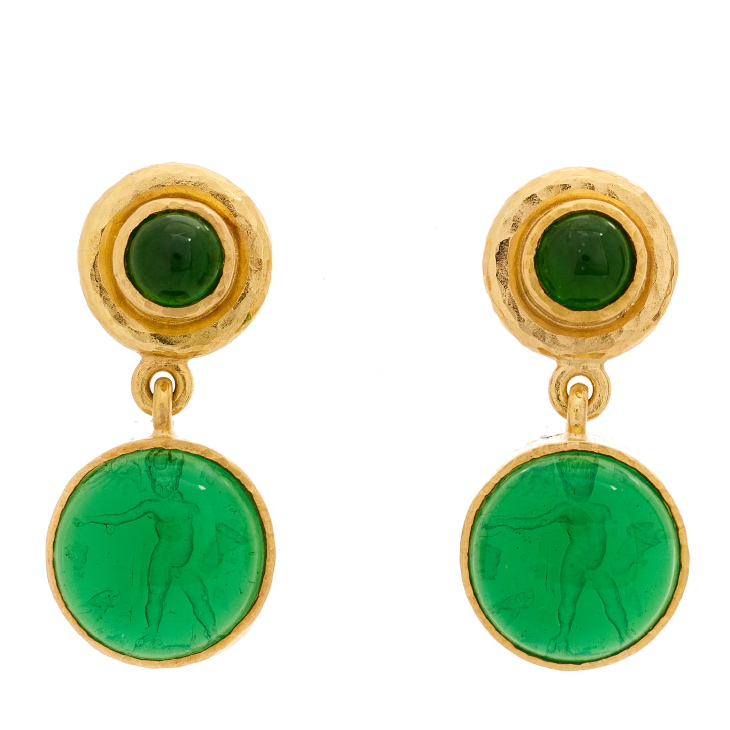 19K Yellow Gold Chrome Diopside Venetian Glass Mother of Pearl Putto and Duck Earrings Green