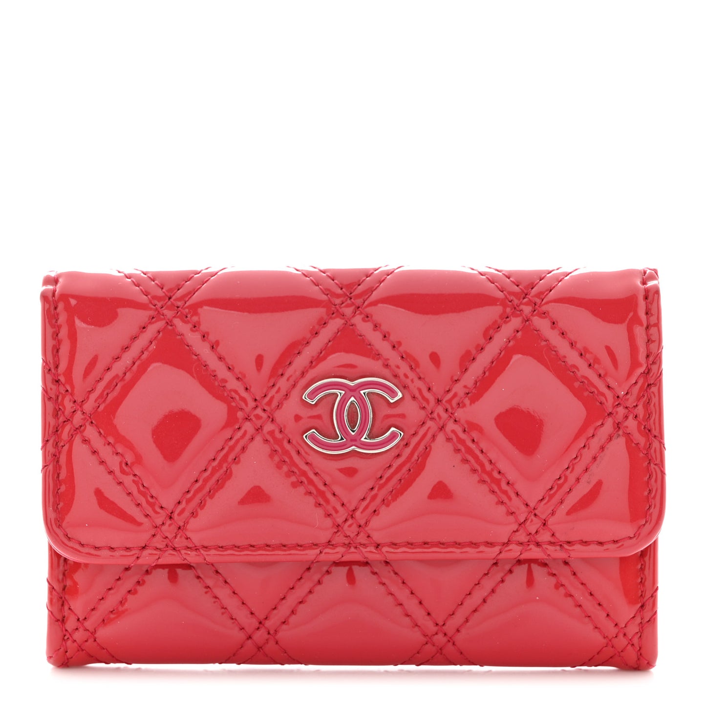 Patent Quilted Double Stitched Flap Card Holder Dark Pink