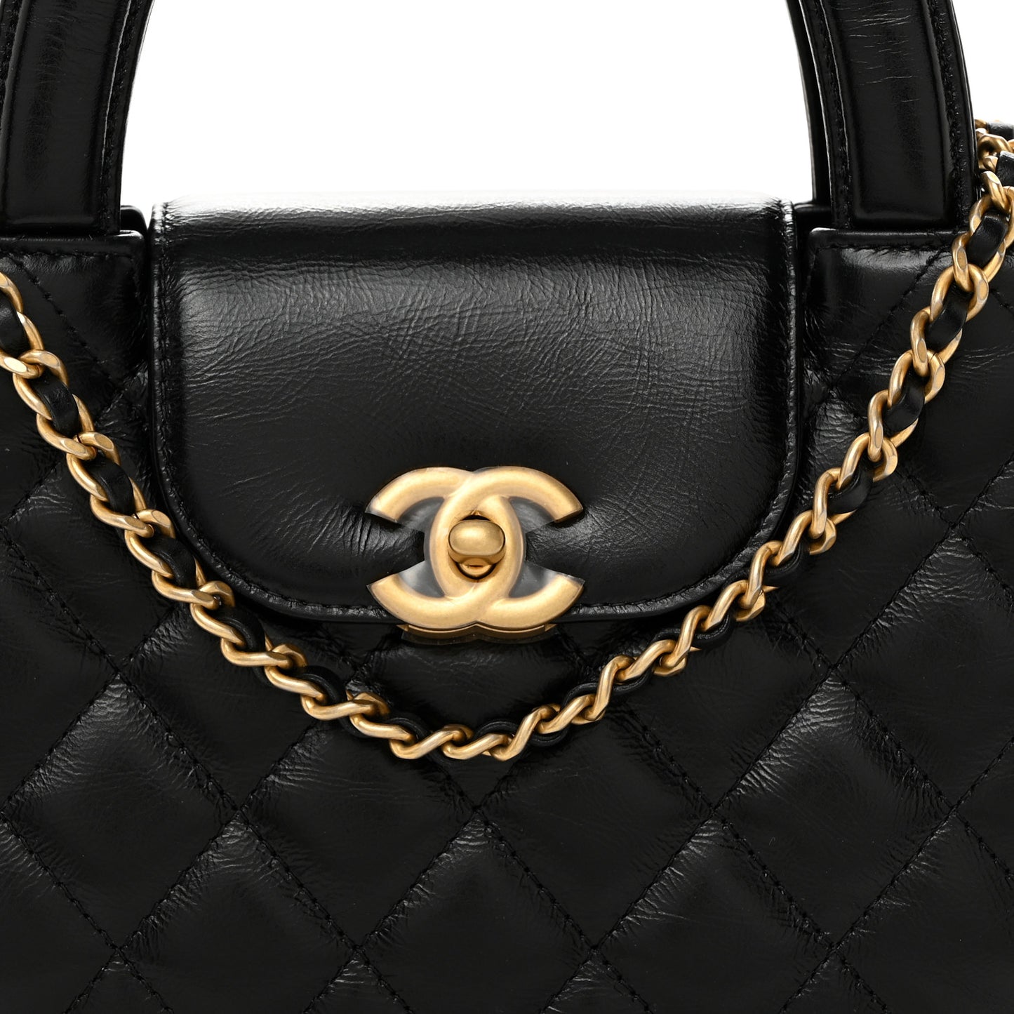 Shiny Aged Calfskin Quilted Nano Kelly Shopper Black