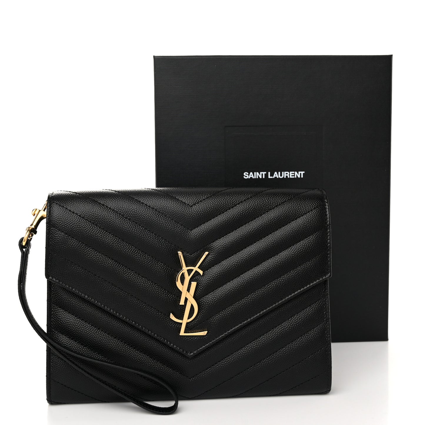 Grain De Poudre Matelasse Chevron Monogram Envelope Clutch Black