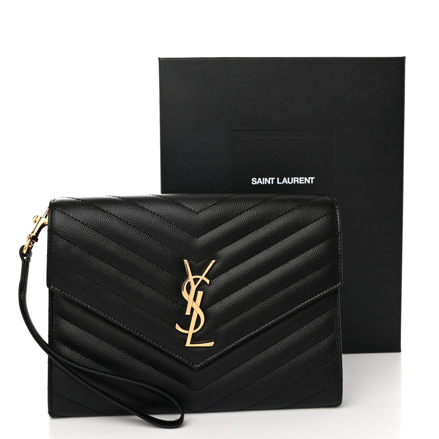 Saint Laurent Grain De Poudre Matelasse Chevron Monogram Envelope Clutch Black 11 of 11