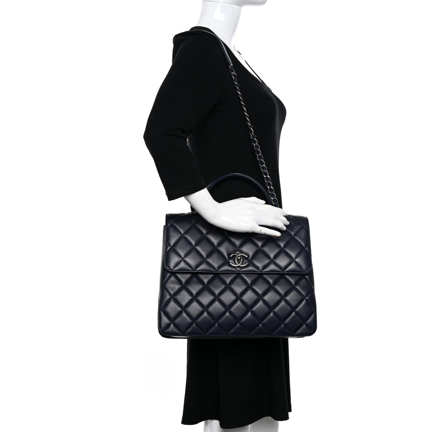 Lambskin Quilted Large Trendy CC Flap Dual Handle Bag Navy Blue