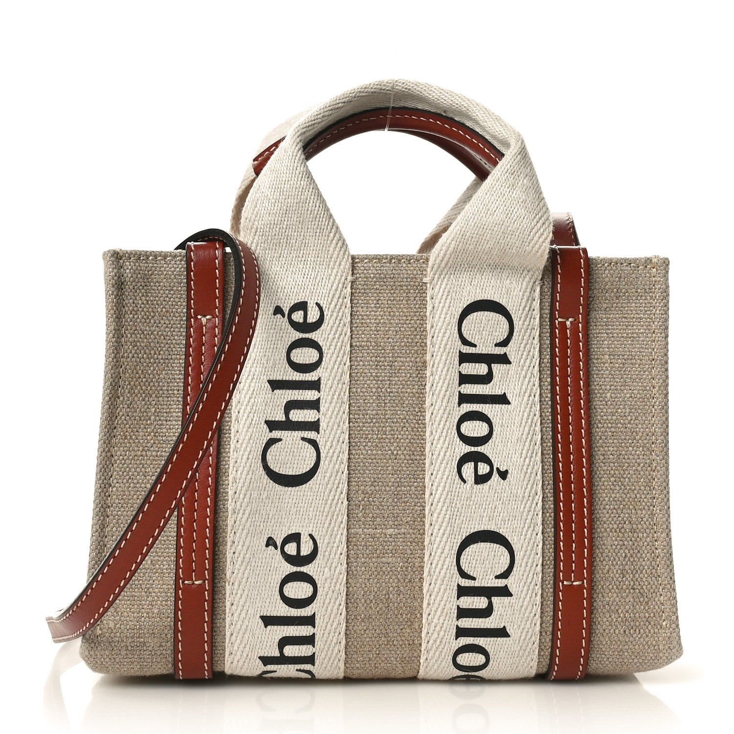 Chloe Cotton Calfskin Mini Woody Ribbon Tote White Brown 1 of 9