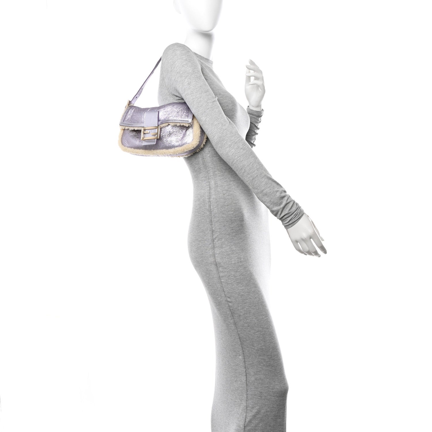 Fendi Metallic Laminated Lambskin Shearling Baguette Lilac Natural 3 of 12