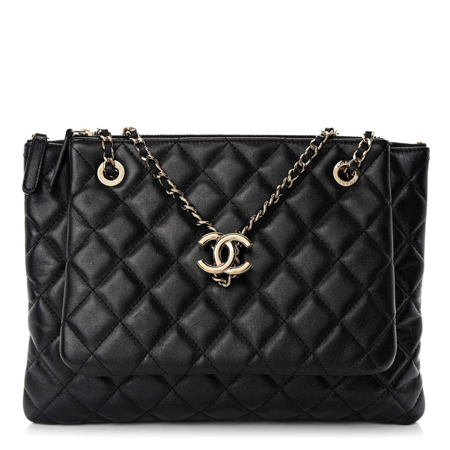 Shiny Lambskin Quilted Medium Double Case With Strap Black