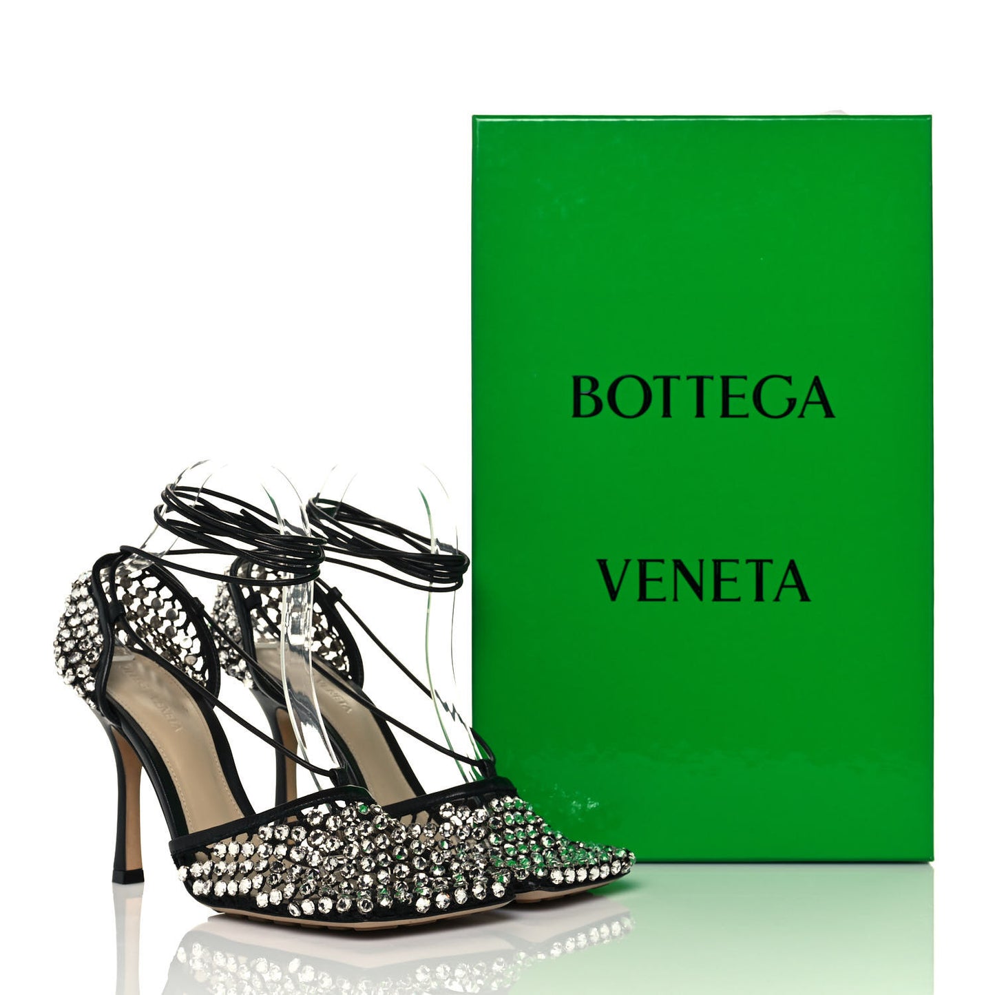 Mesh Nappa Crystal Embellished Sparkle Stretch Ankle Tie Sandals 40 Black