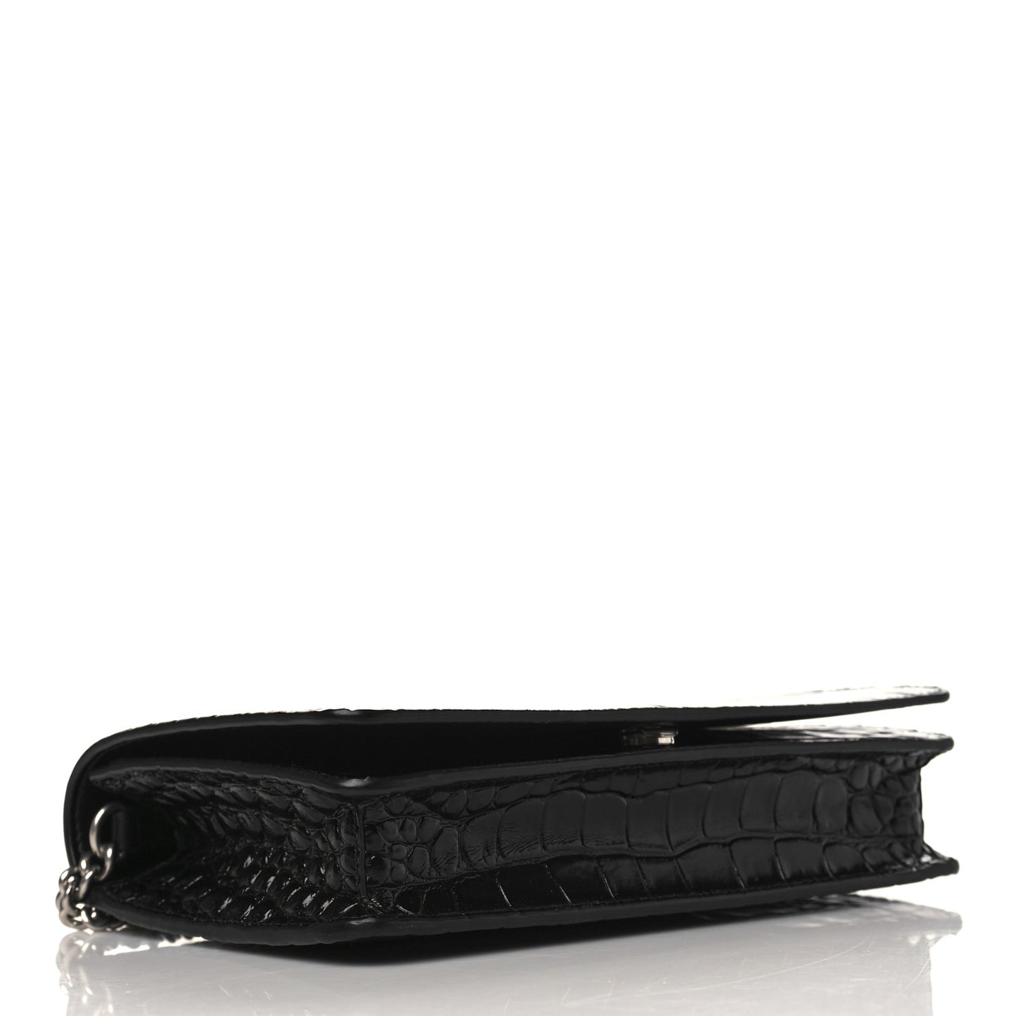 Shiny Calfskin Logo Crocodile Embossed Ville Wallet on Chain Black