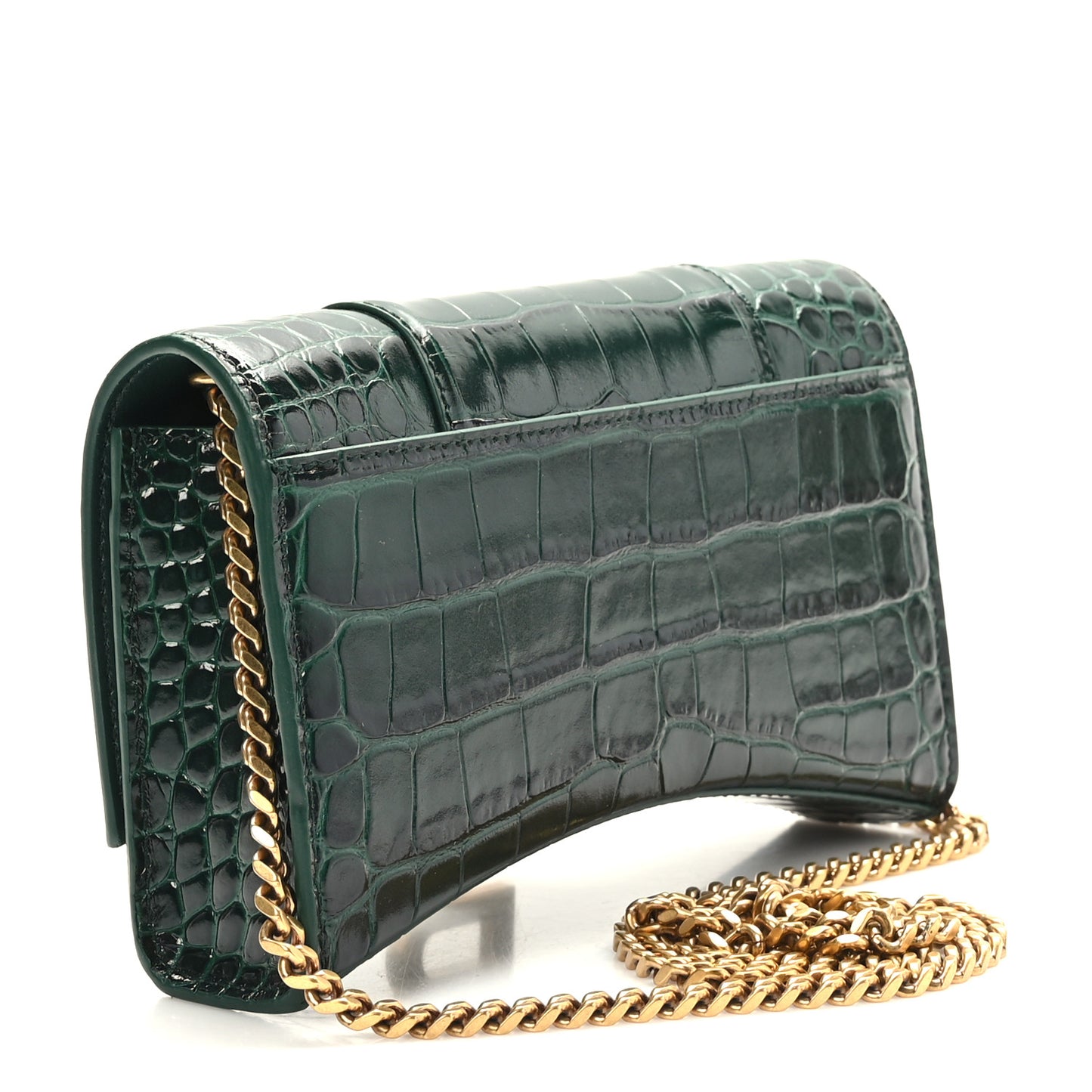Shiny Calfskin Crocodile Embossed Hourglass Chain Bag Forest Green