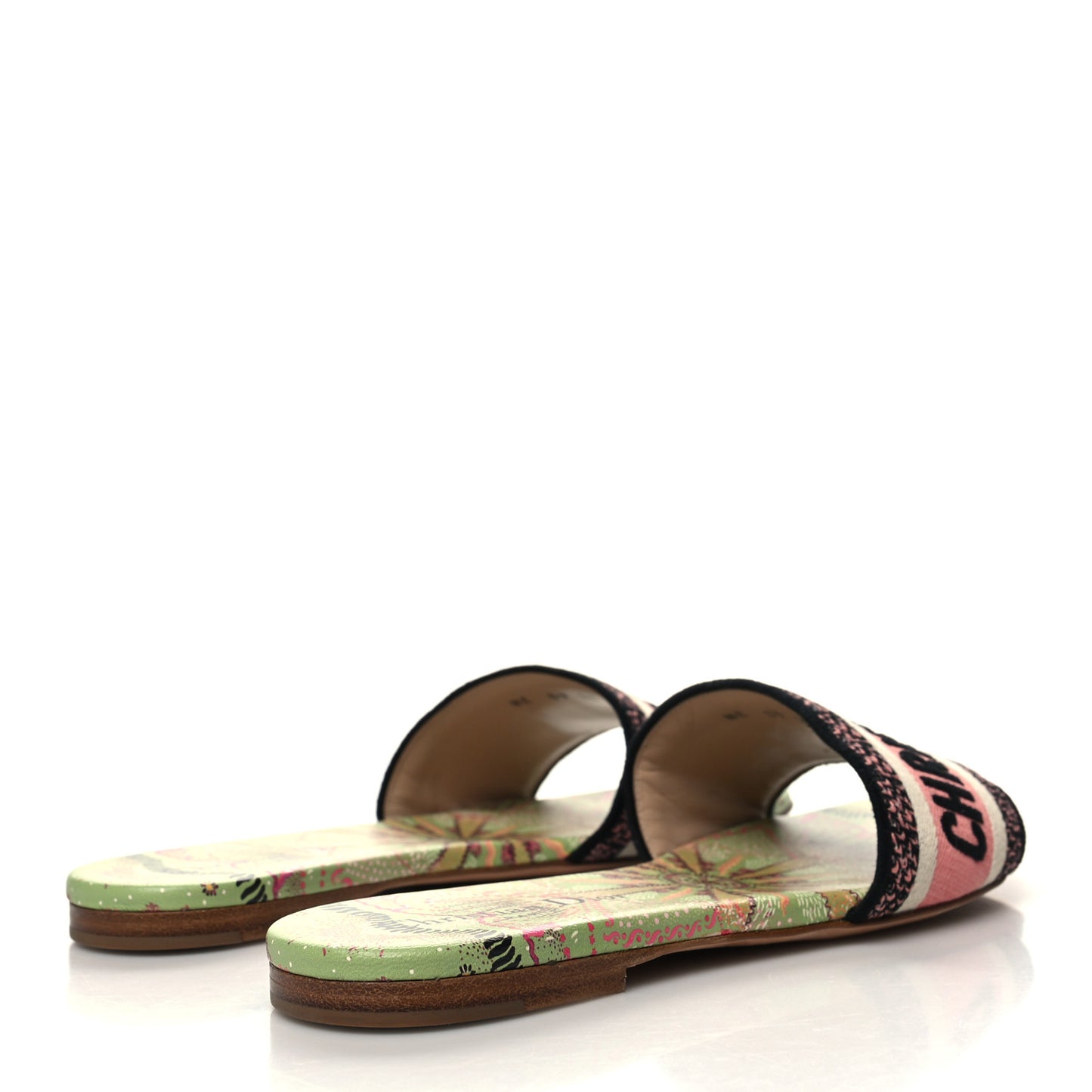 Canvas Embroidered In Lights Dway Mules Slide Sandals 37.5 Green Pink