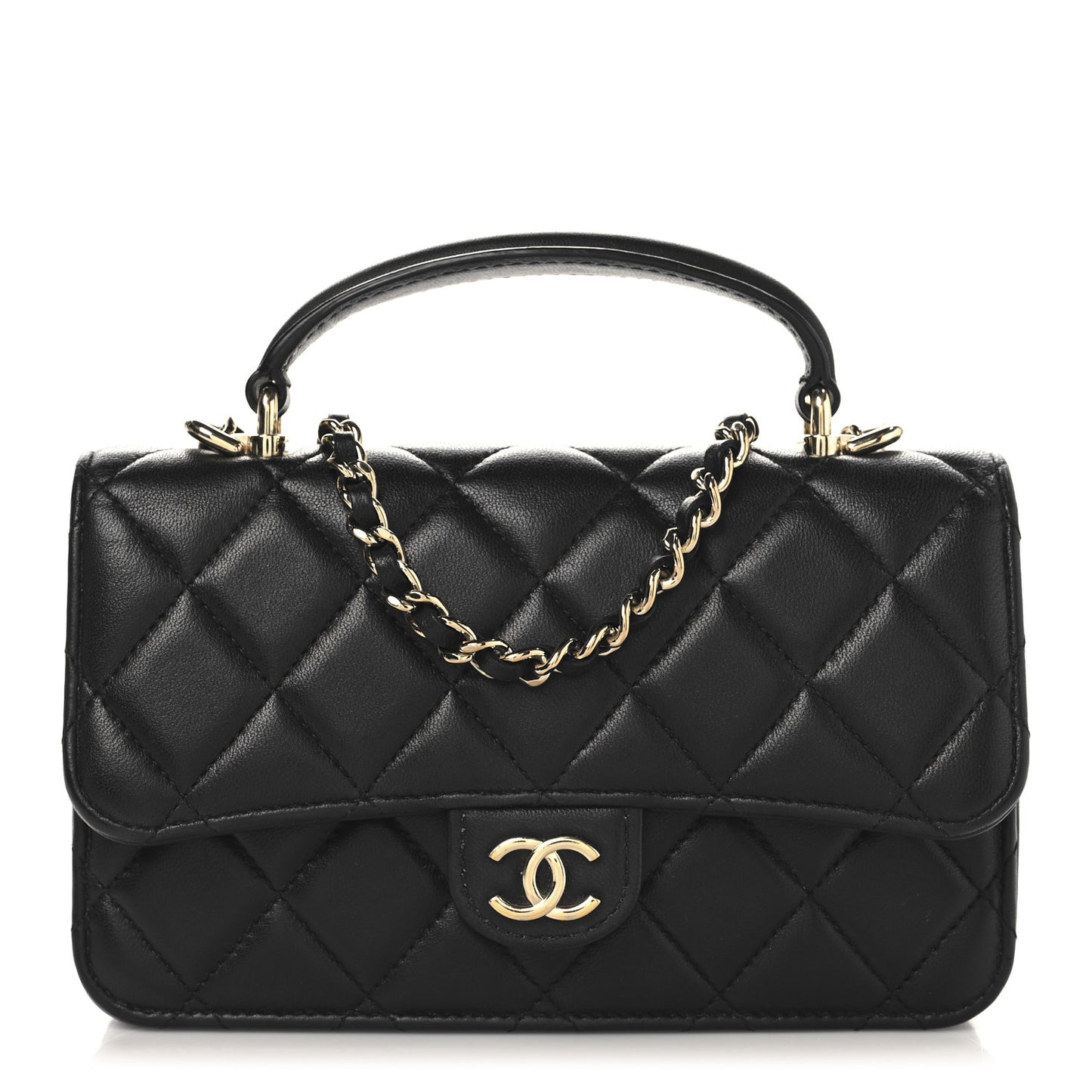 Lambskin Quilted Flap Phone Holder With Chain Black
