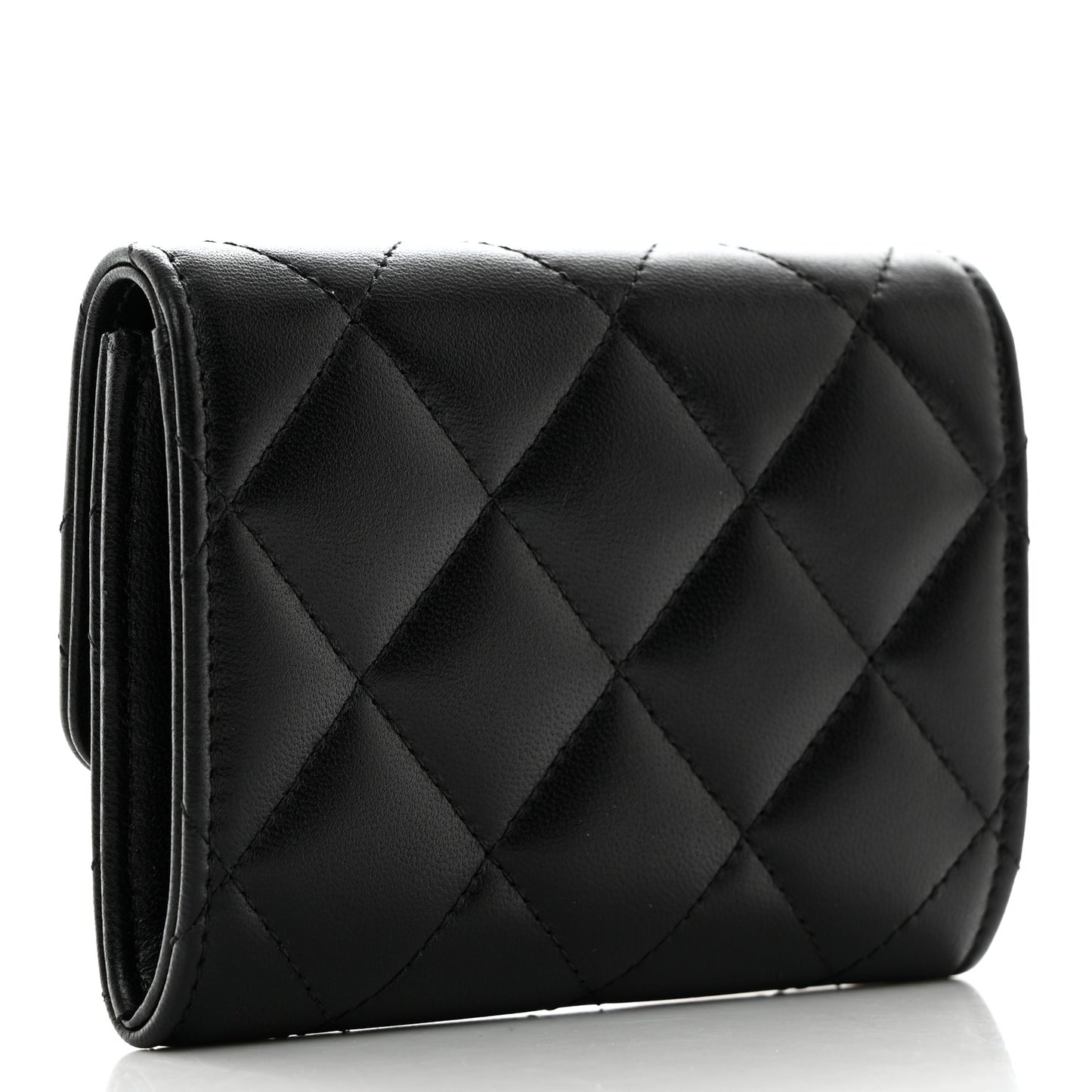 Lambskin Quilted Flap Baguette Crystal Card Holder Wallet Black