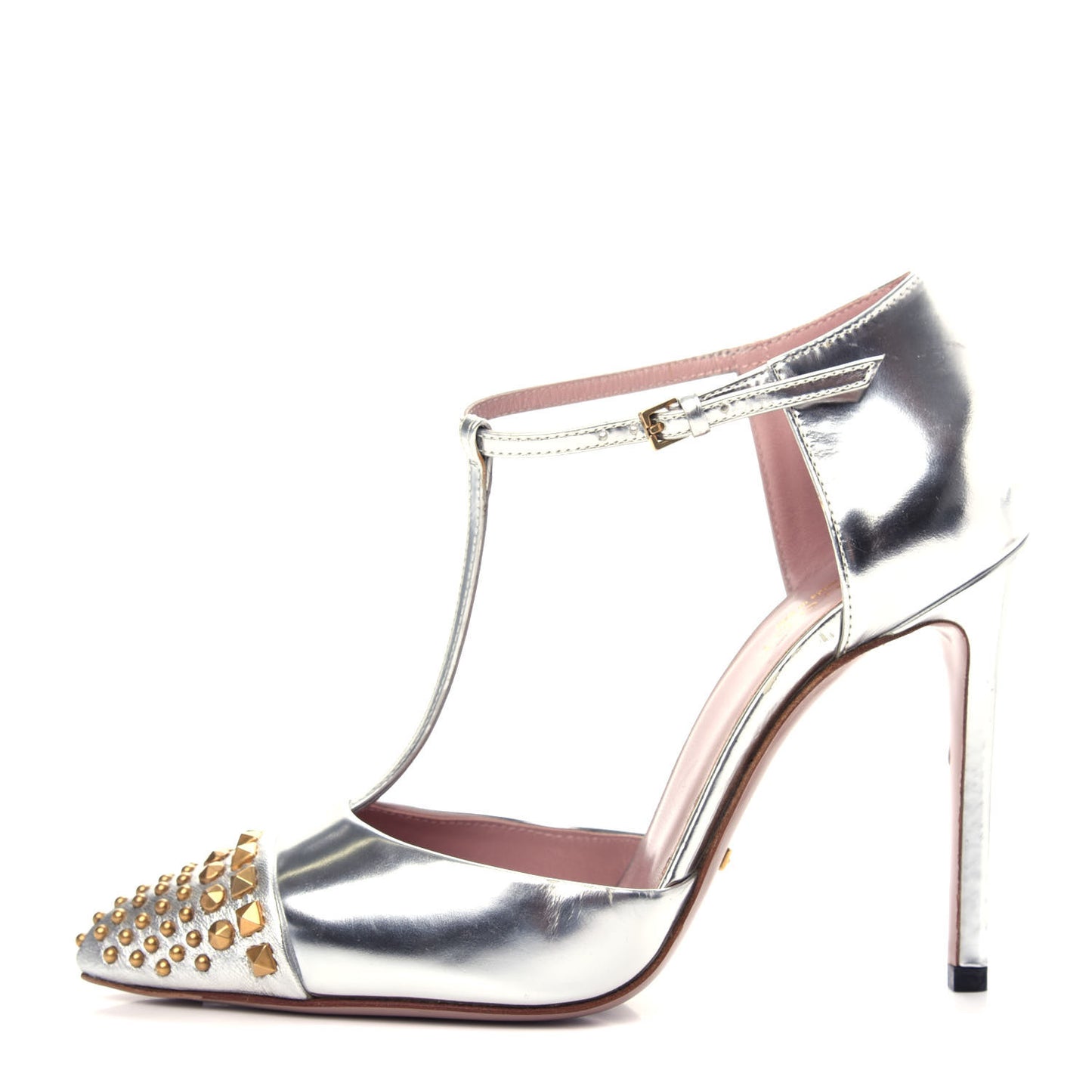 Metallic Calfskin Studded Cap Toe T Strap Pumps 35.5 Argento