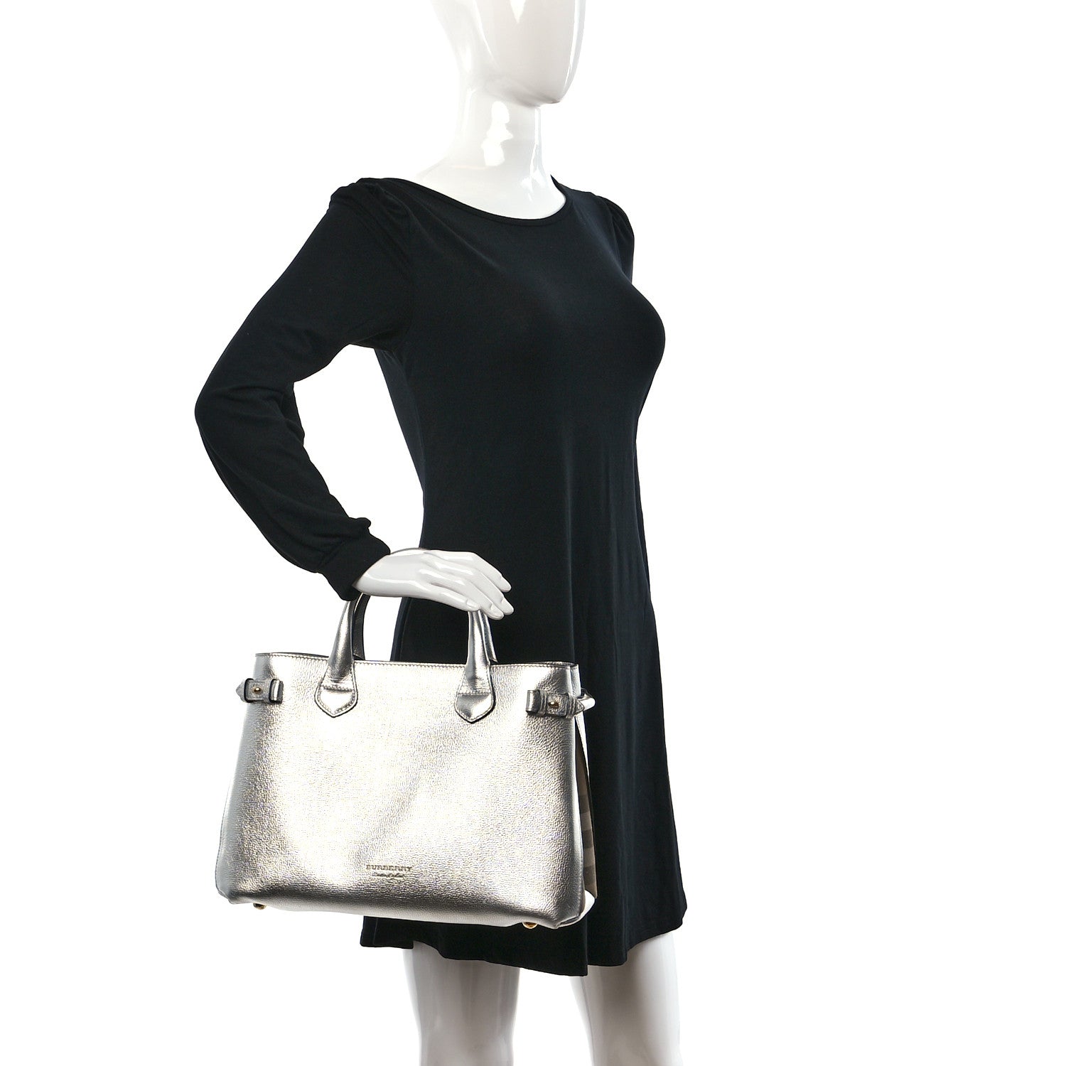 Burberry Metallic Grainy Calfskin House Check Medium Banner Tote Silver 2 of 8