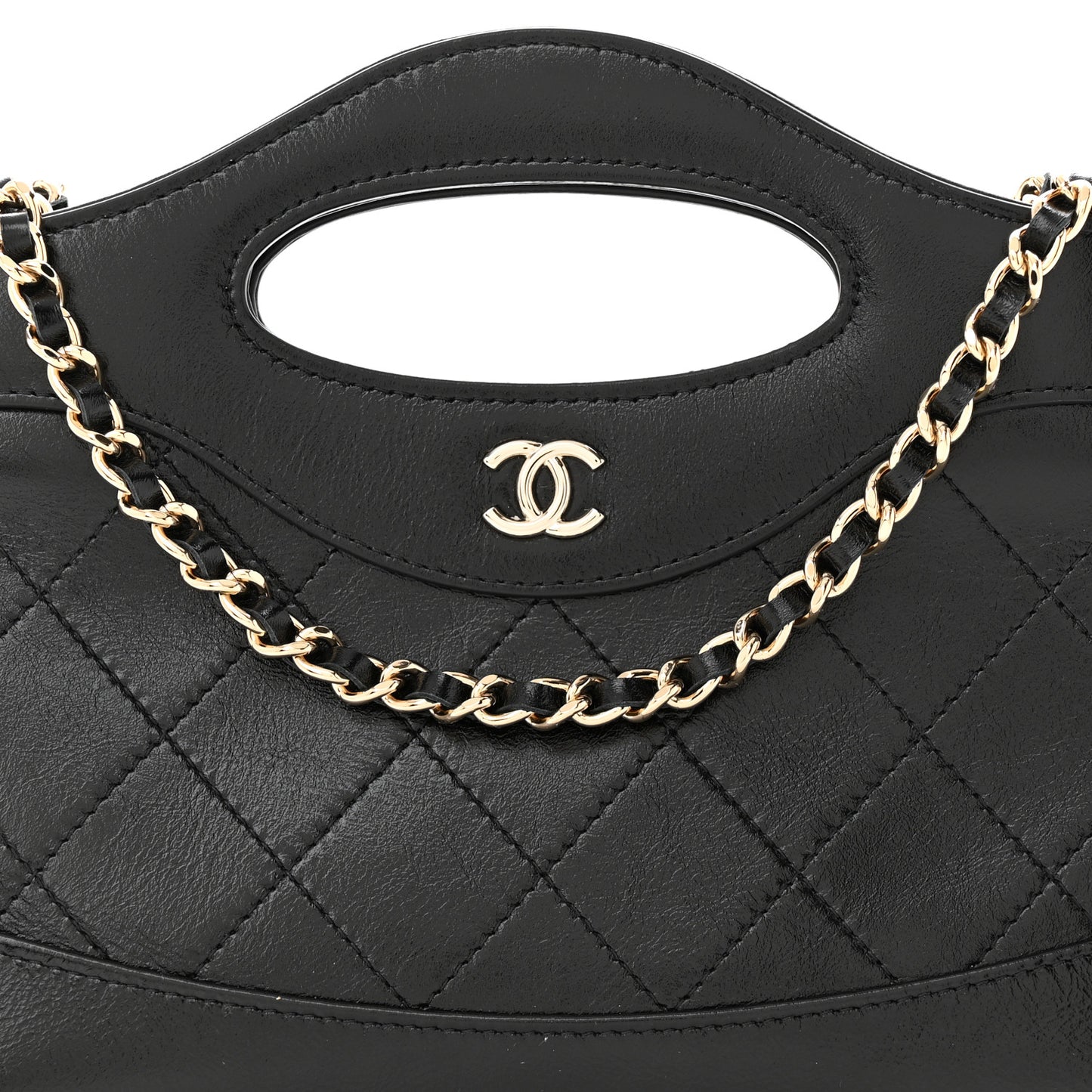 Shiny Crumpled Calfskin Quilted Nano 31 Shopping Bag Black
