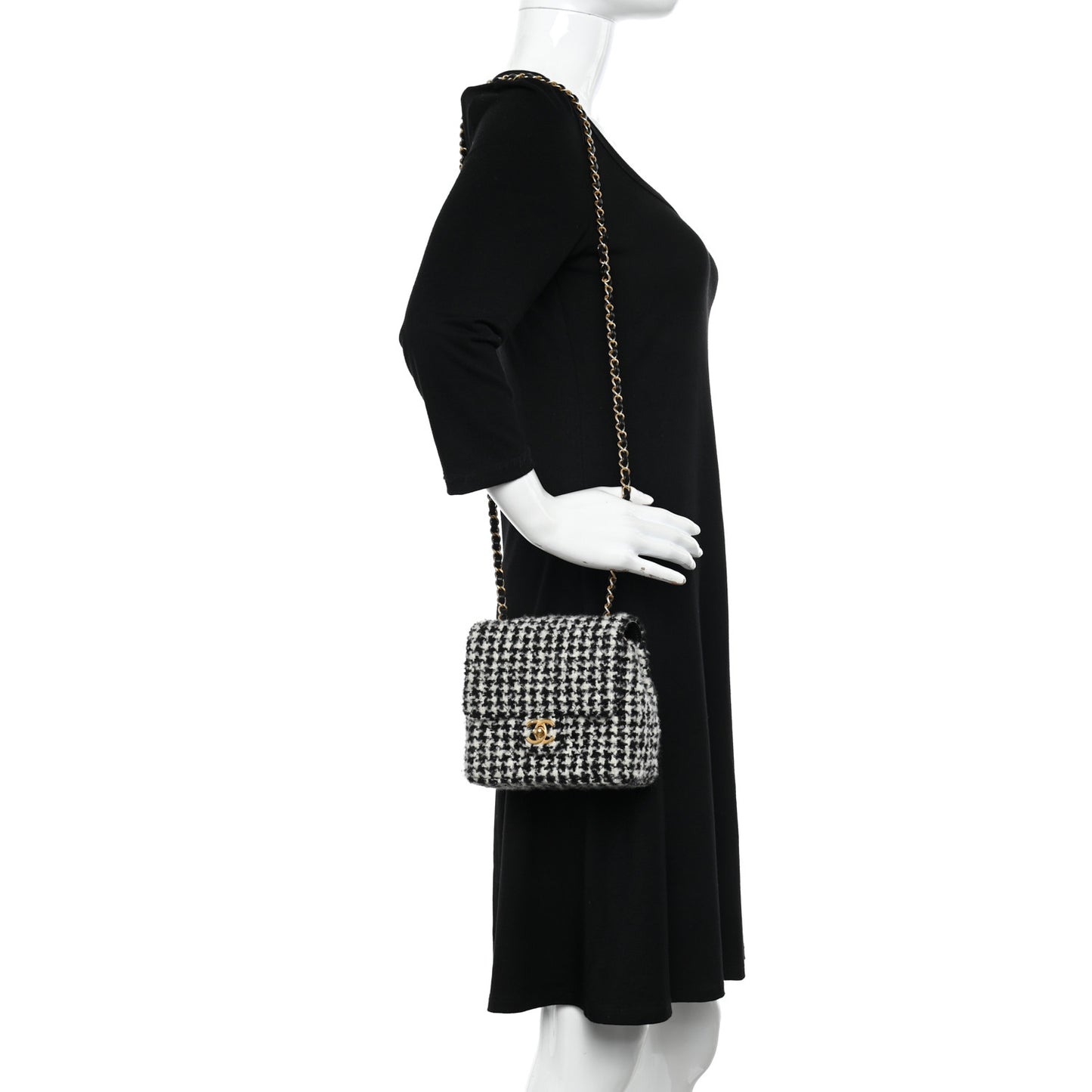 Tweed Houndstooth Quilted Mini Square Flap White Black