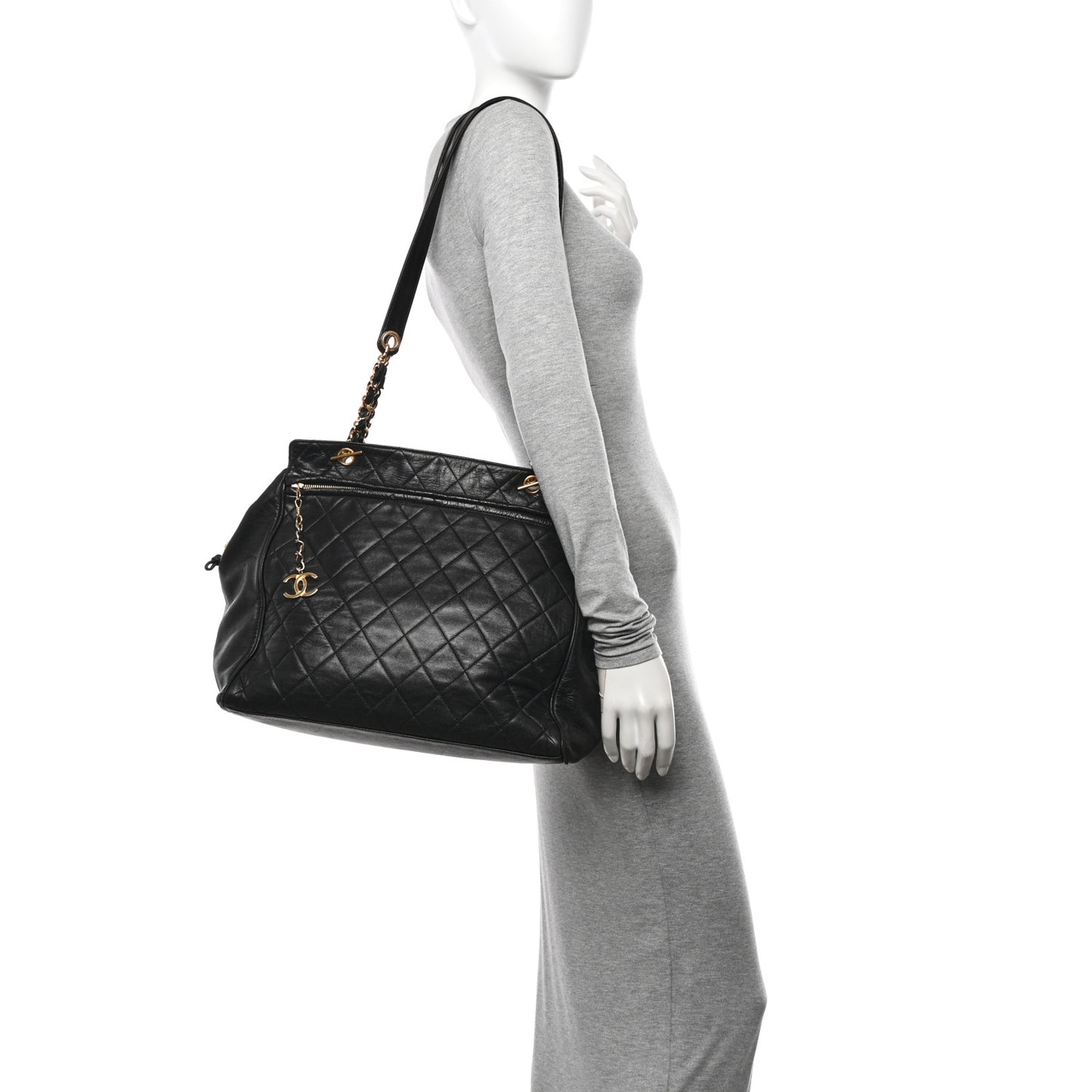Lambskin Large Quilted Shopping Tote Black