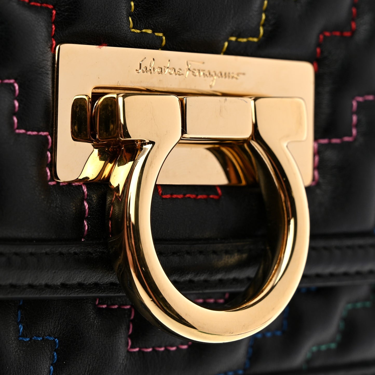 Calfskin Stitched Gancini Crossbody Flap Black Multicolor
