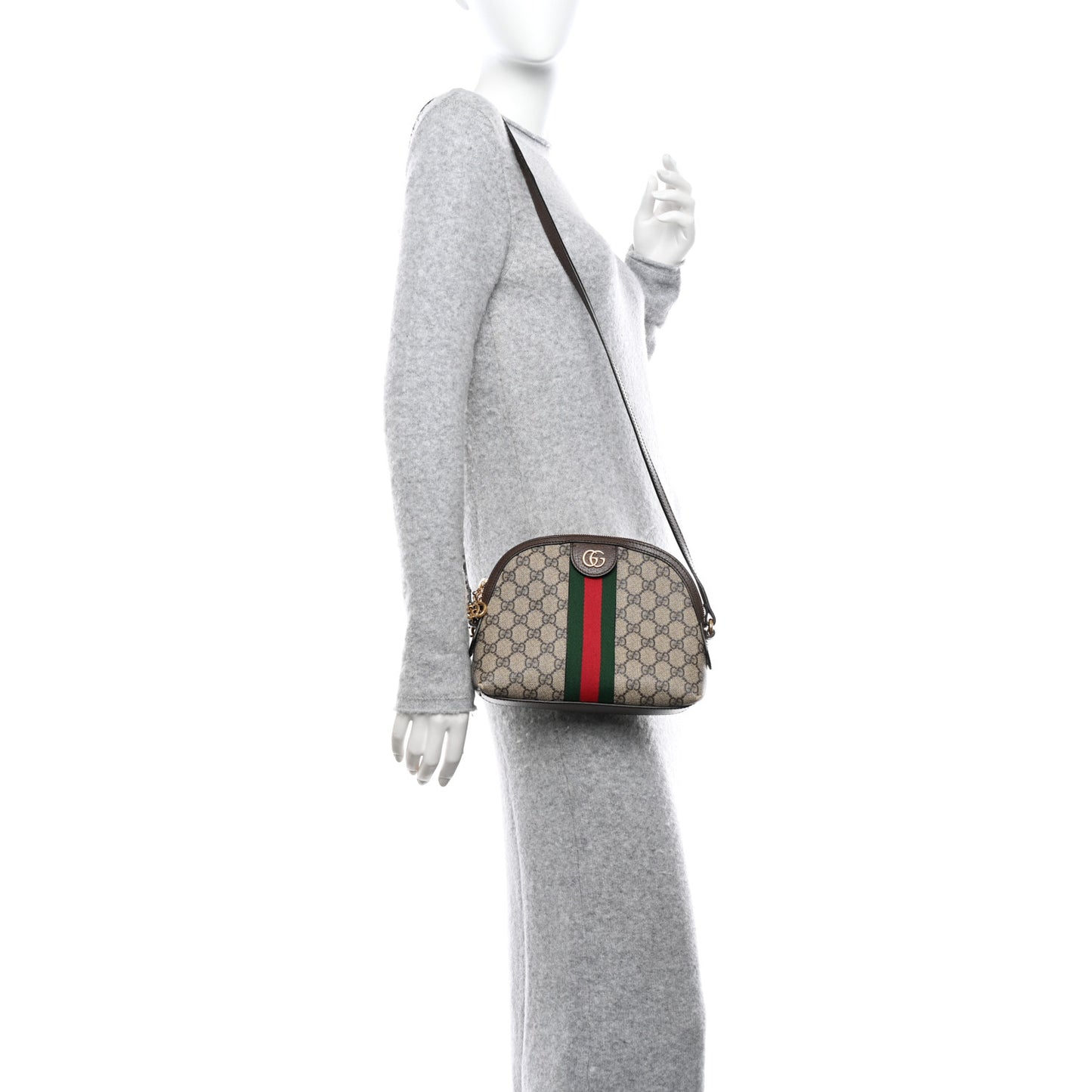 GG Supreme Monogram Textured Dollar Calfskin Web Small Ophidia Dome Shoulder Bag Beige Ebony New Acero