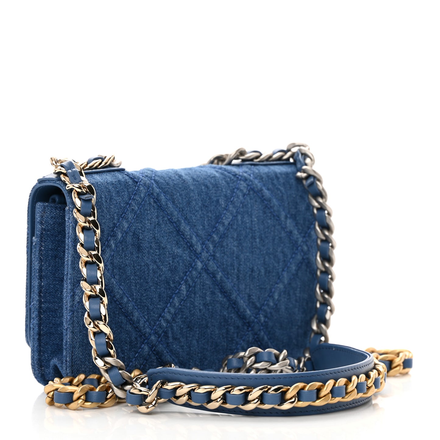 Denim Quilted Chanel 19 Wallet On Chain WOC Blue