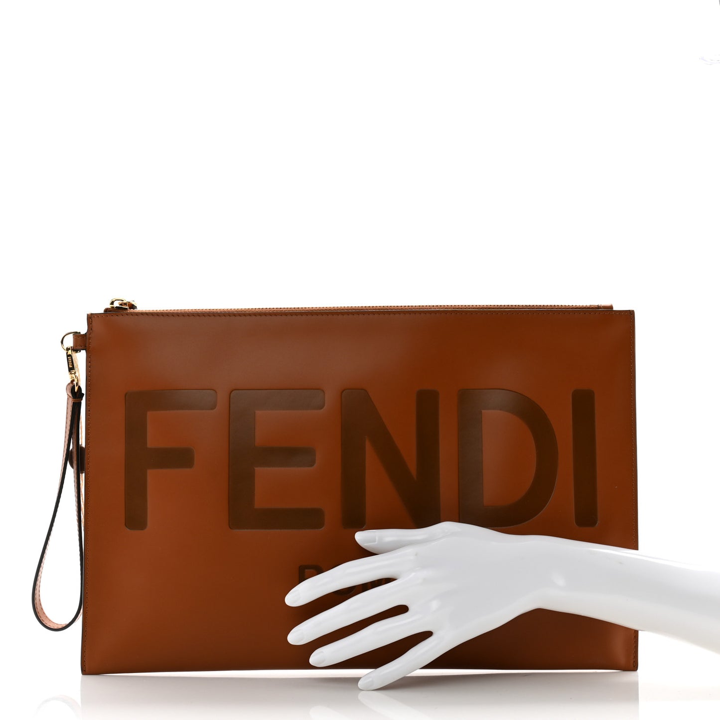 Vitello King Logo Embossed Large Flat Pouch Cuoio