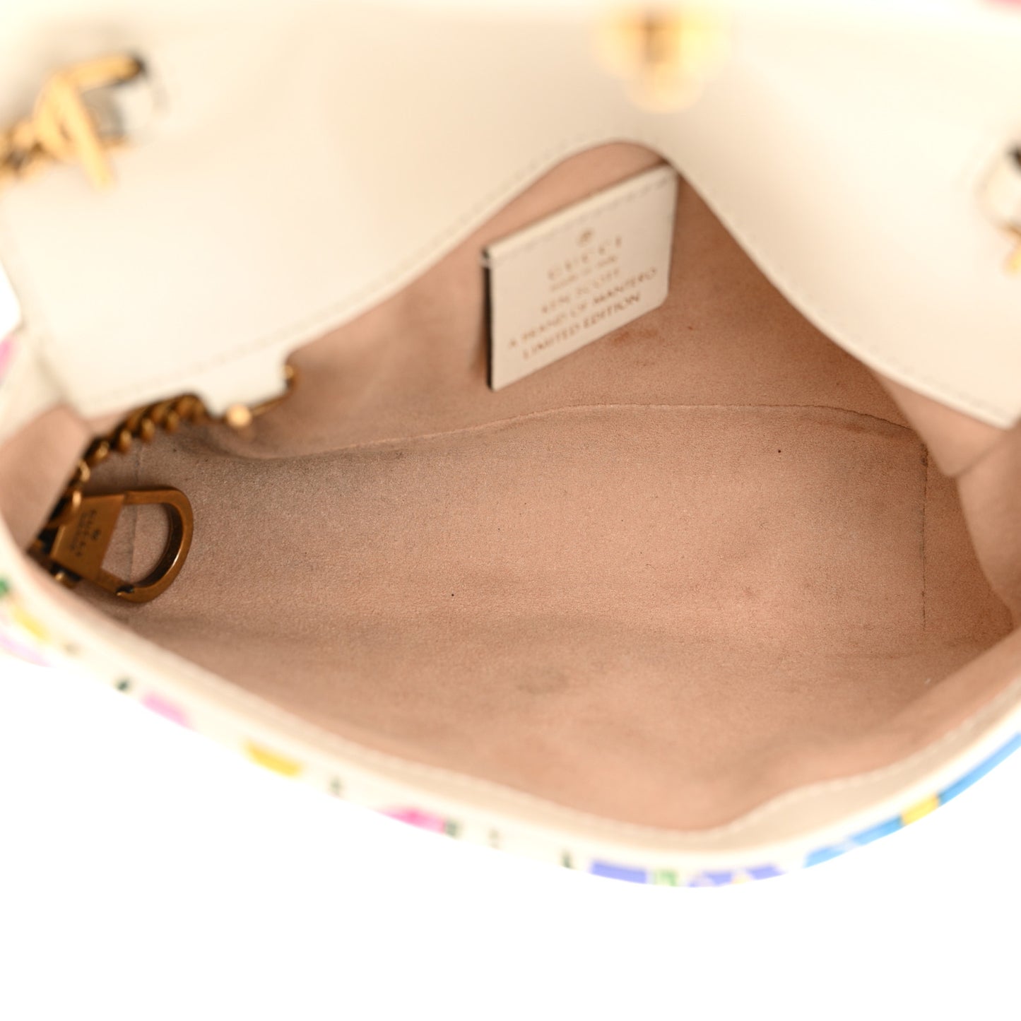X KEN SCOTT Calfskin Matelasse Floral Print Super Mini GG Marmont Shoulder Bag Ivory Pink