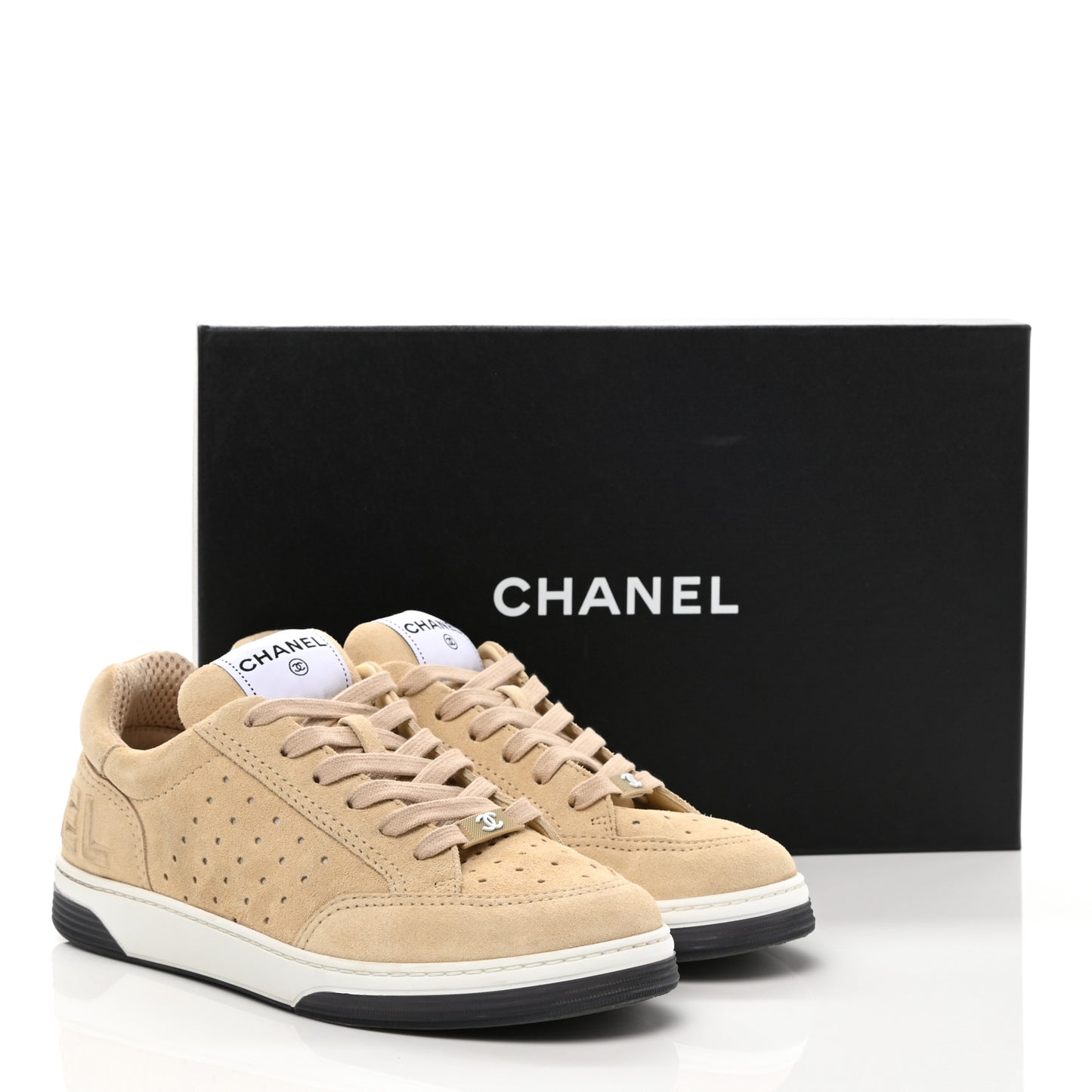 Suede Calfskin Logo Sneakers 38 Beige
