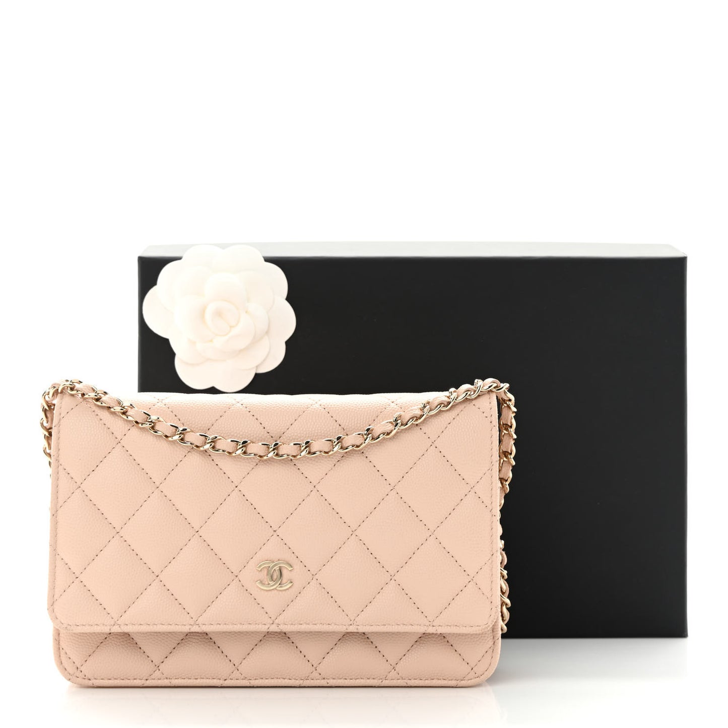 Caviar Quilted Wallet on Chain WOC Light Beige