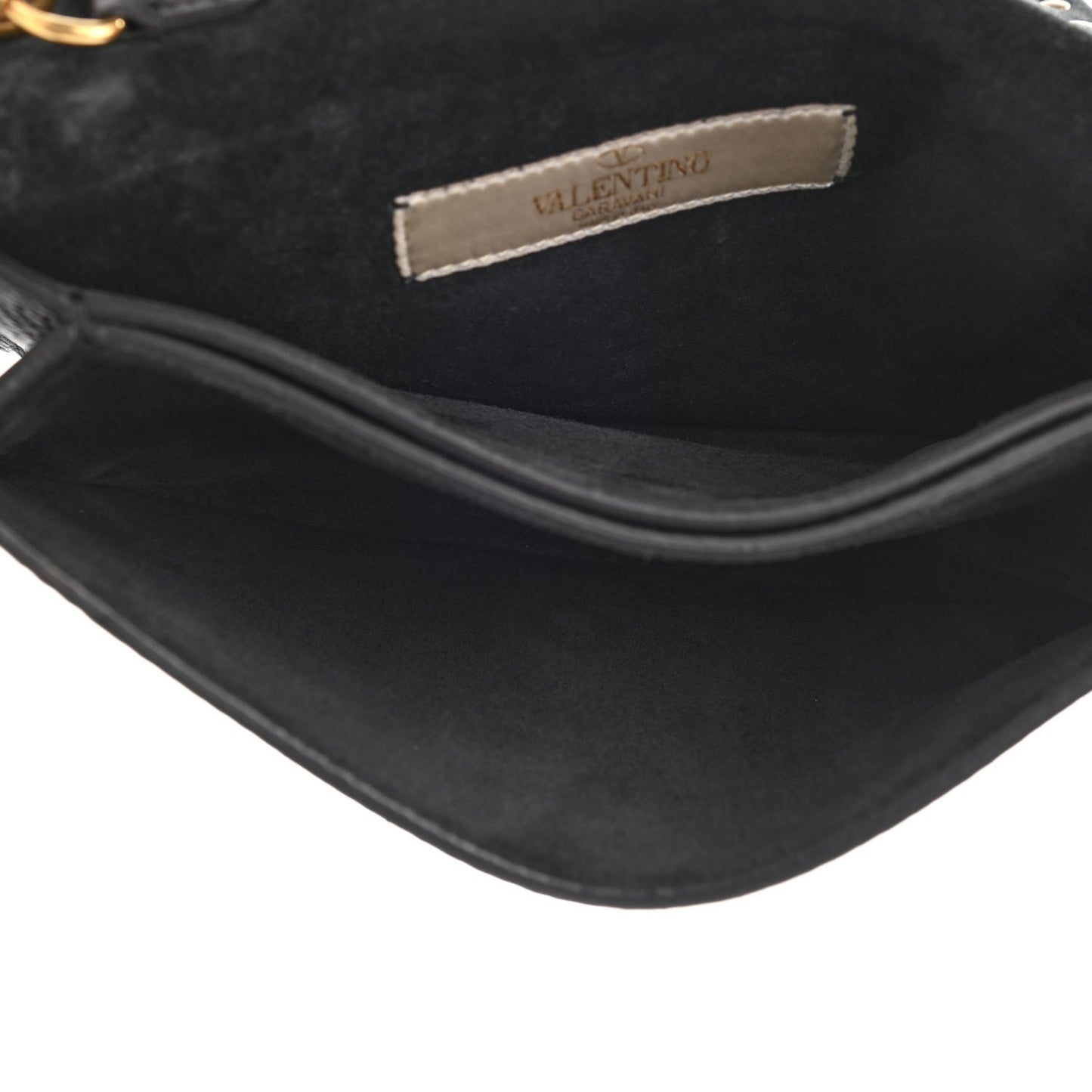 Pebbled Calfskin Beaded Ribbons Rockstud Wristlet Clutch Black