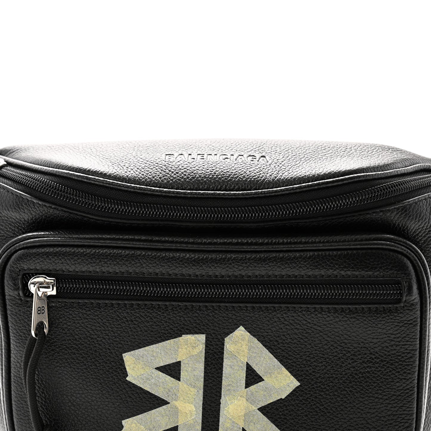 Grained Calfskin Tape Logo Explorer Belt Bag Black White