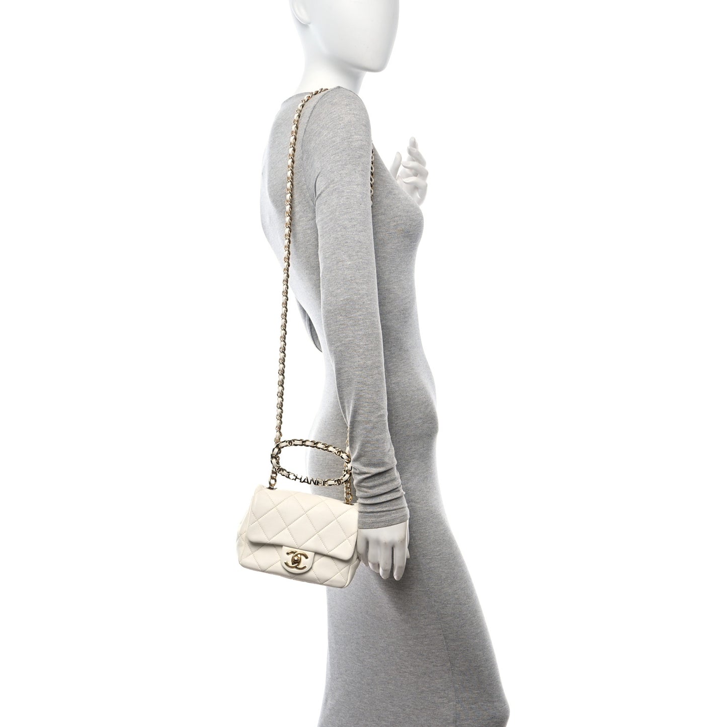 Lambskin Metal Quilted Mini Top Handle Square Flap White