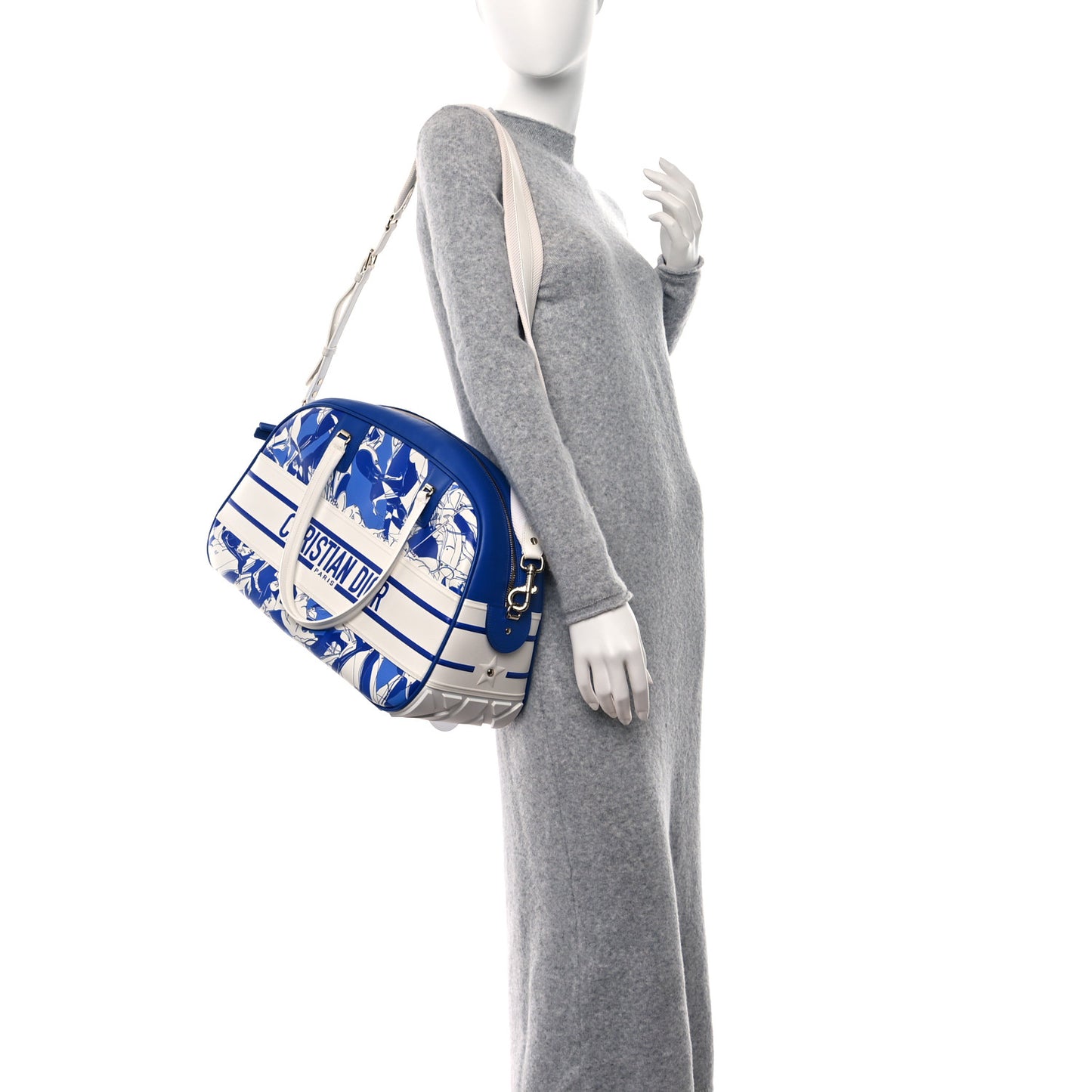 Calfskin Large Dior Vibe Zip Bowling Bag White Blue