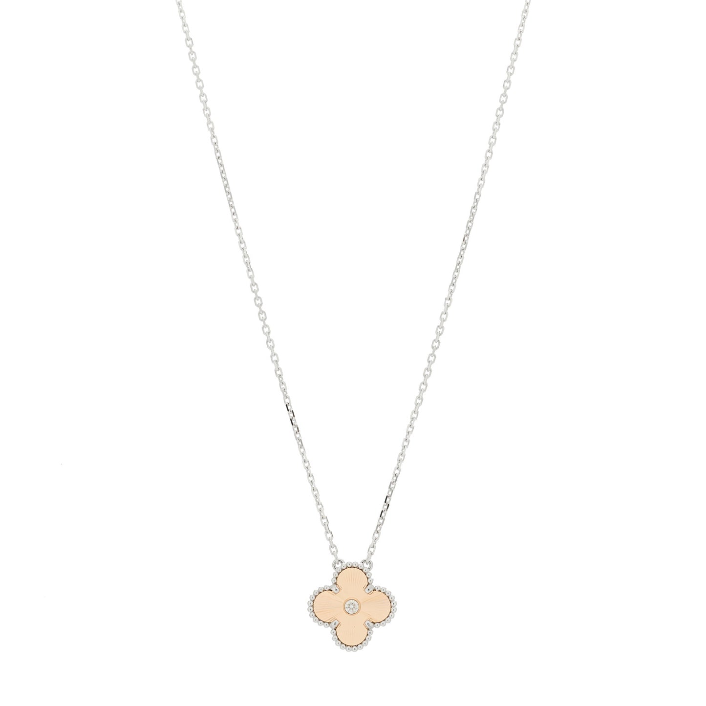 18K White Rose Gold Diamond Guilloche Vintage Alhambra Pendant Necklace
