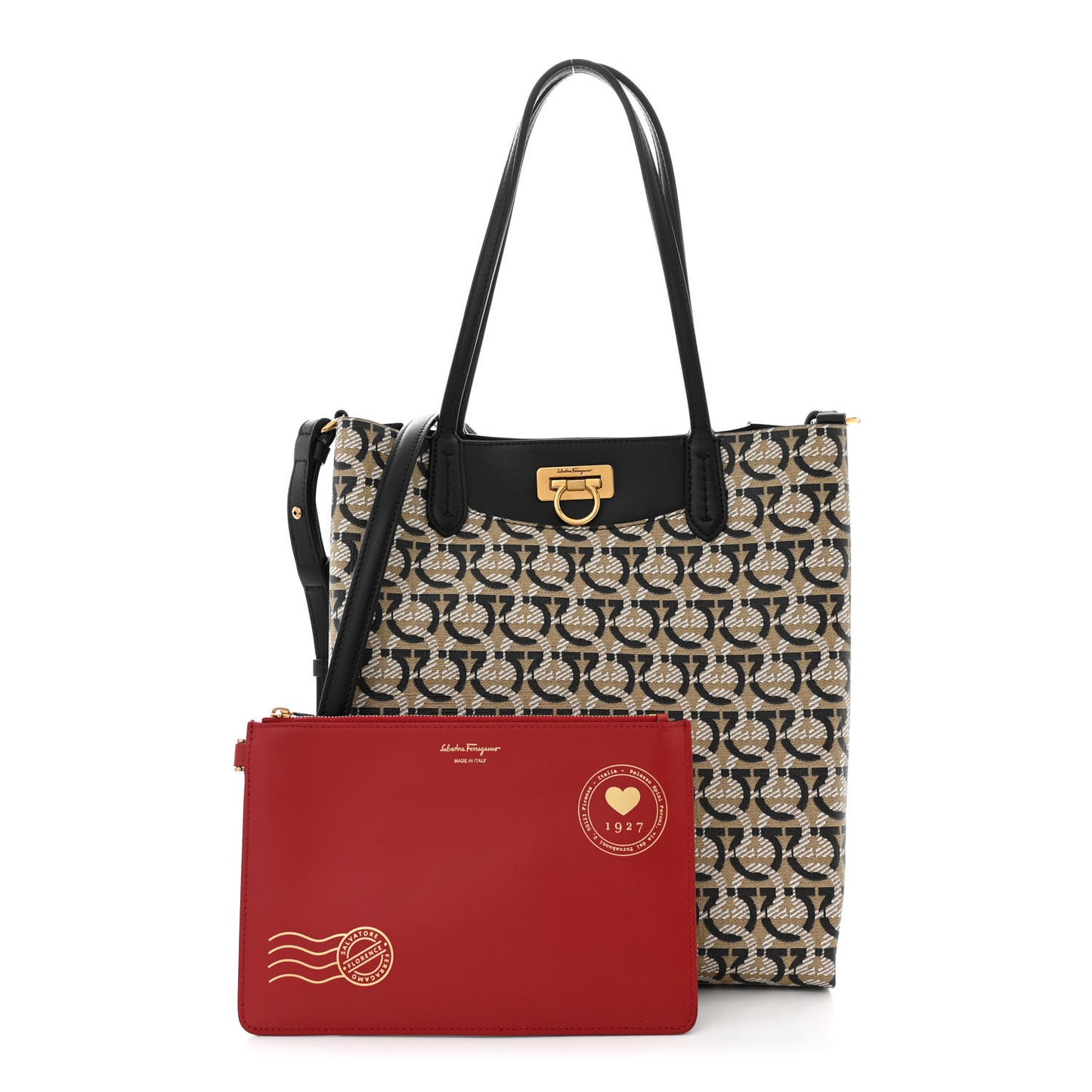 Canvas Calfskin Gancini Tote Sand Black