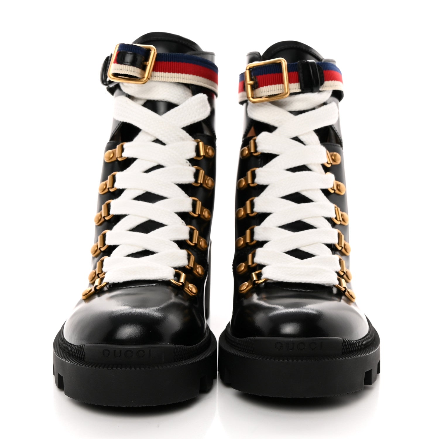 Gucci Calfskin Sylvie Web Womens Lace Up Combat Boots 37 Black 2 of 11