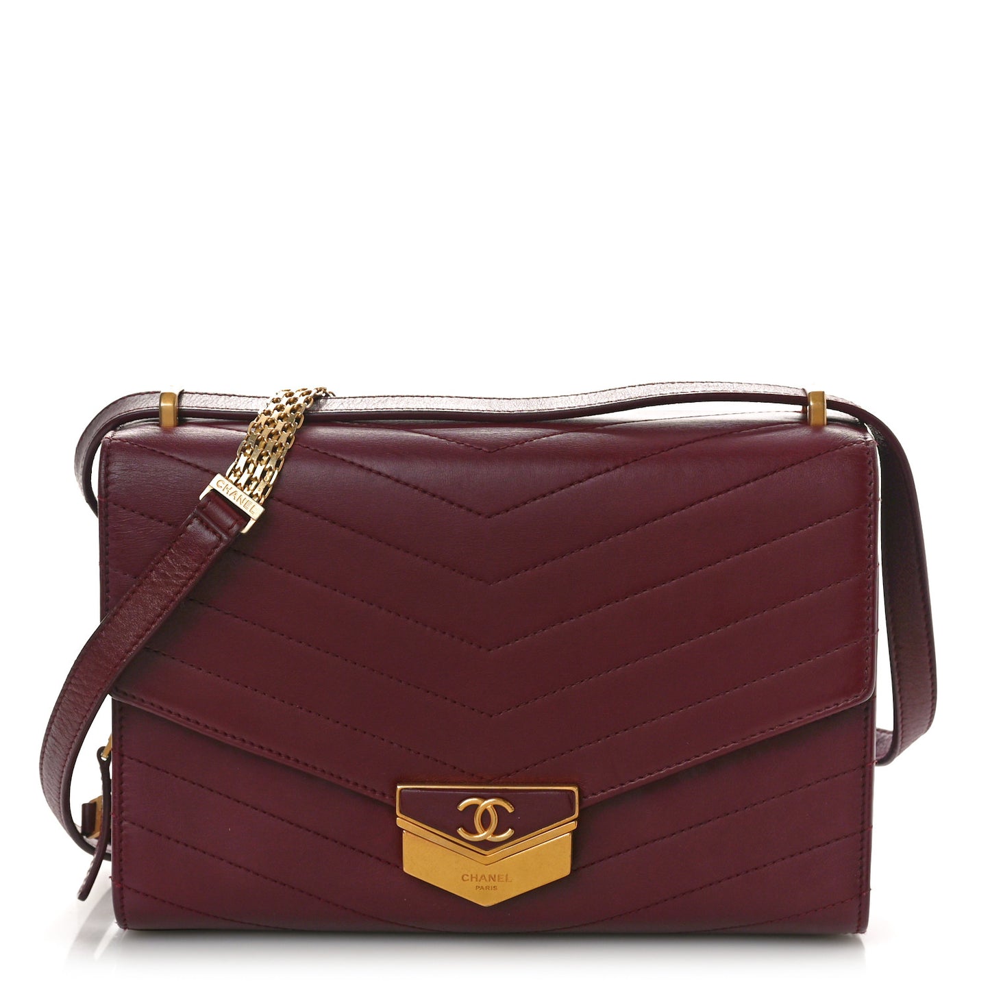 Calfskin Chevron Quilted Medal Flap Burgundy