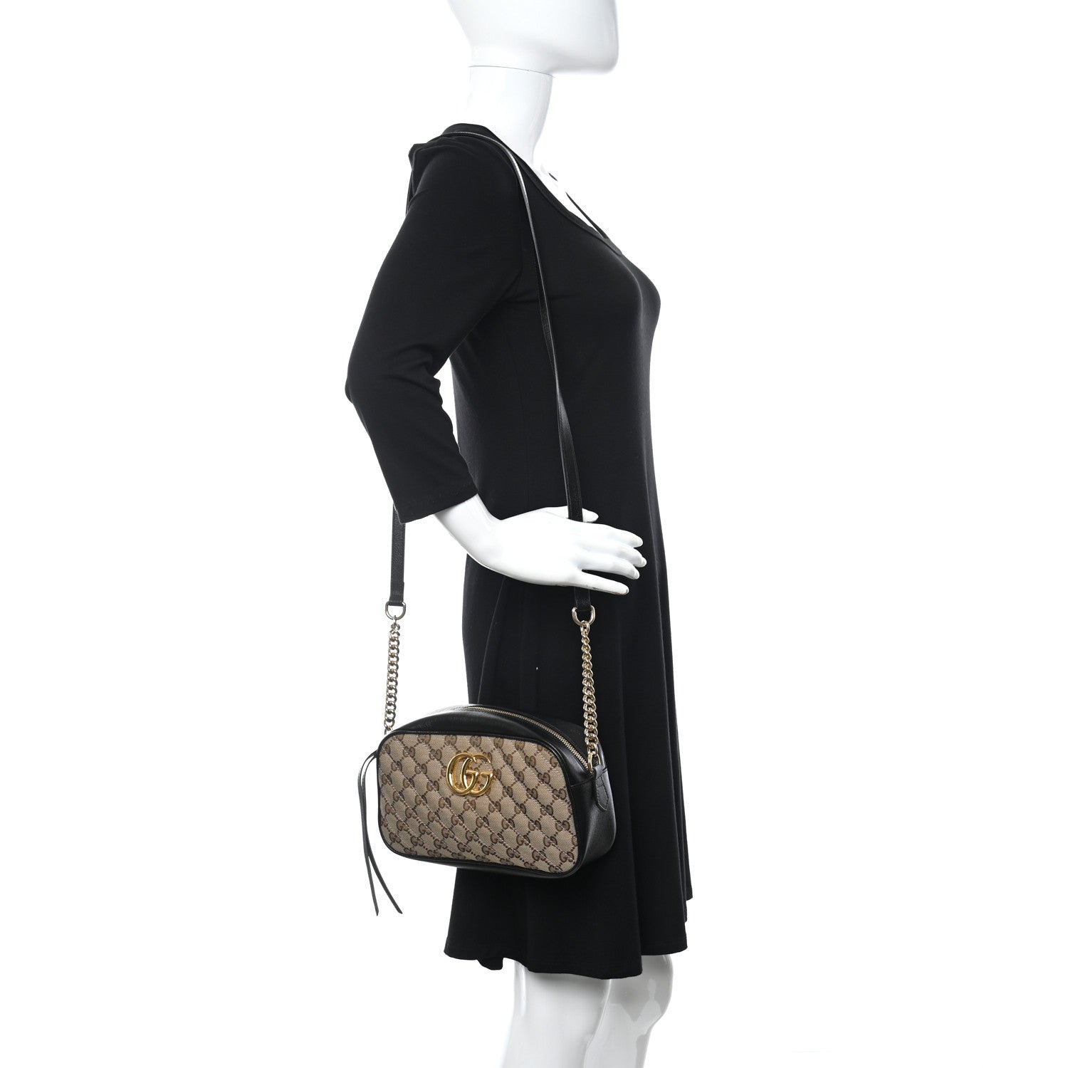 Gucci Monogram Matelasse Diagonal Small GG Marmont Chain Shoulder Bag Beige Black 2 of 9