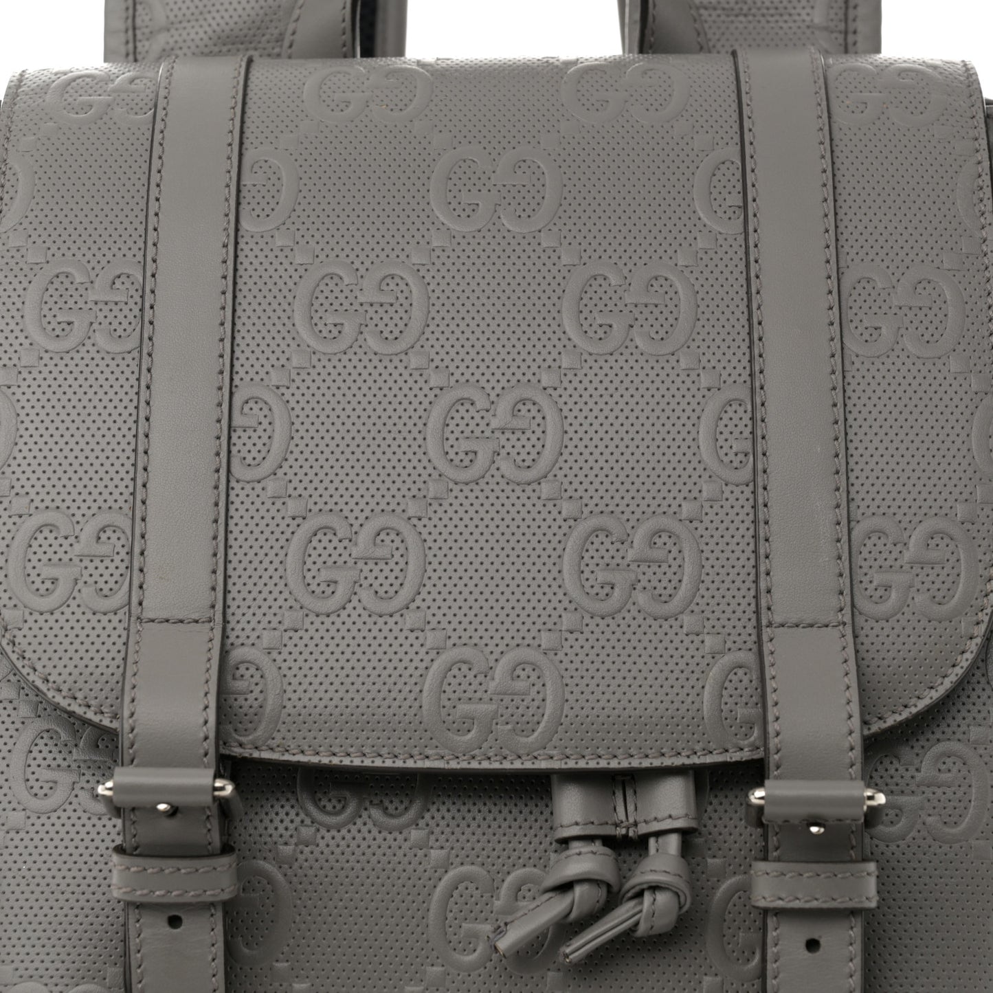 Calfskin GG Tennis Embossed Double Buckle Backpack Grey