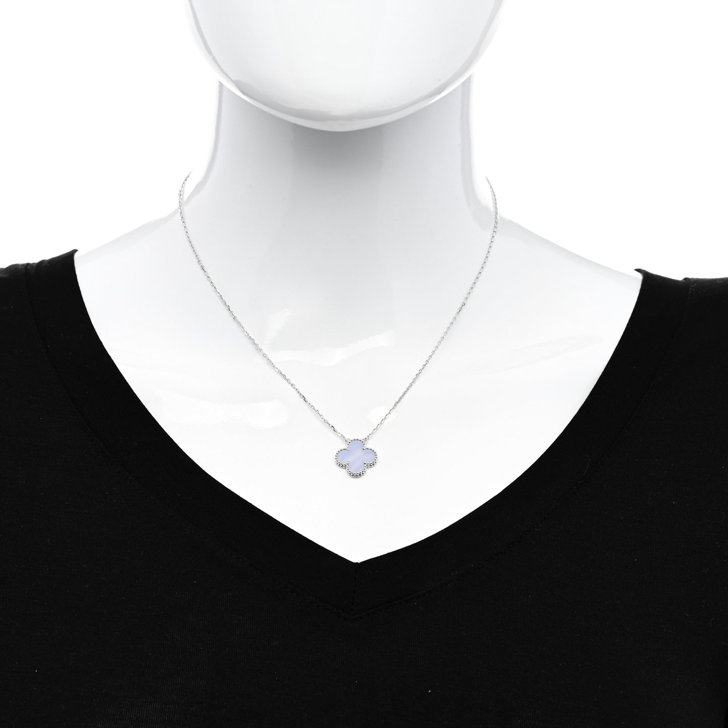 18K White Gold Chalcedony Vintage Alhambra Pendant Necklace