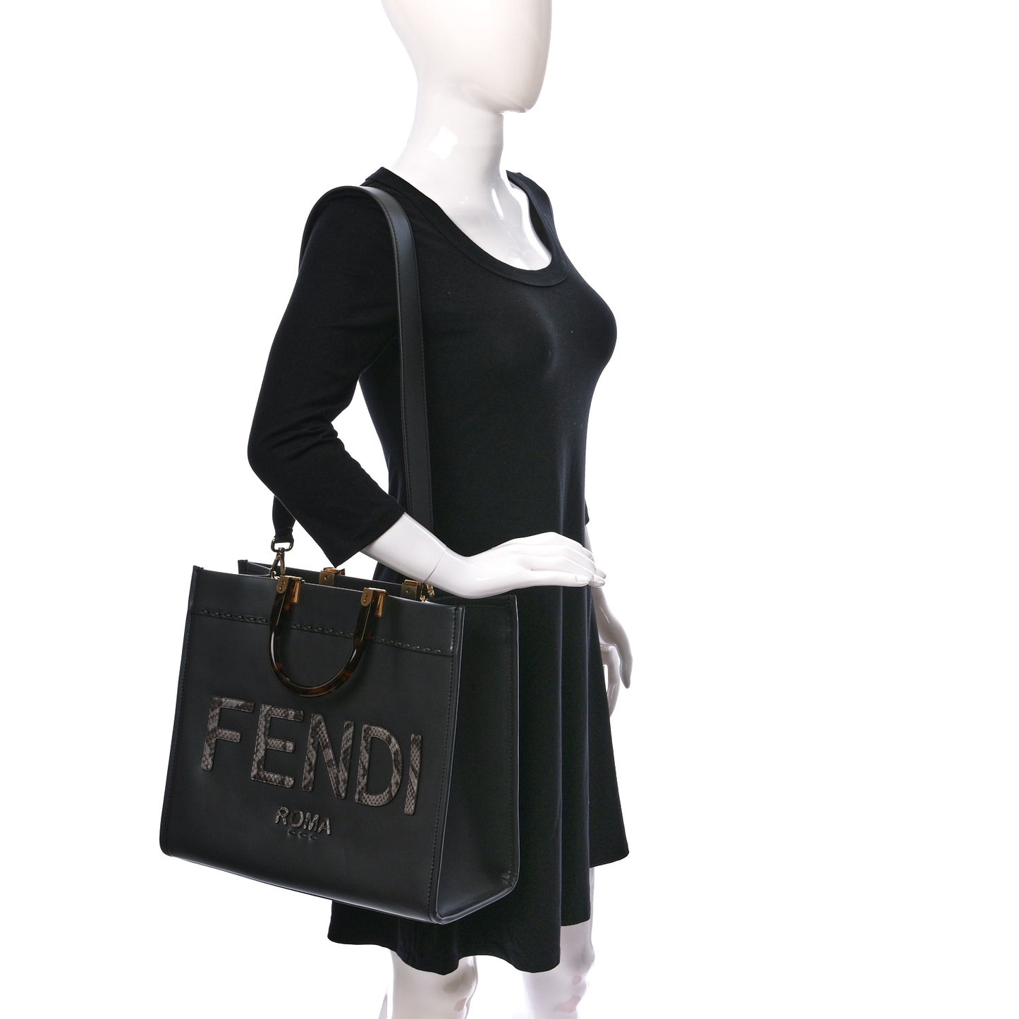 Vitello King Plexiglass Elaphe Python Print Logo Medium Fendi Sunshine Shopper Tote Dark Asphalt
