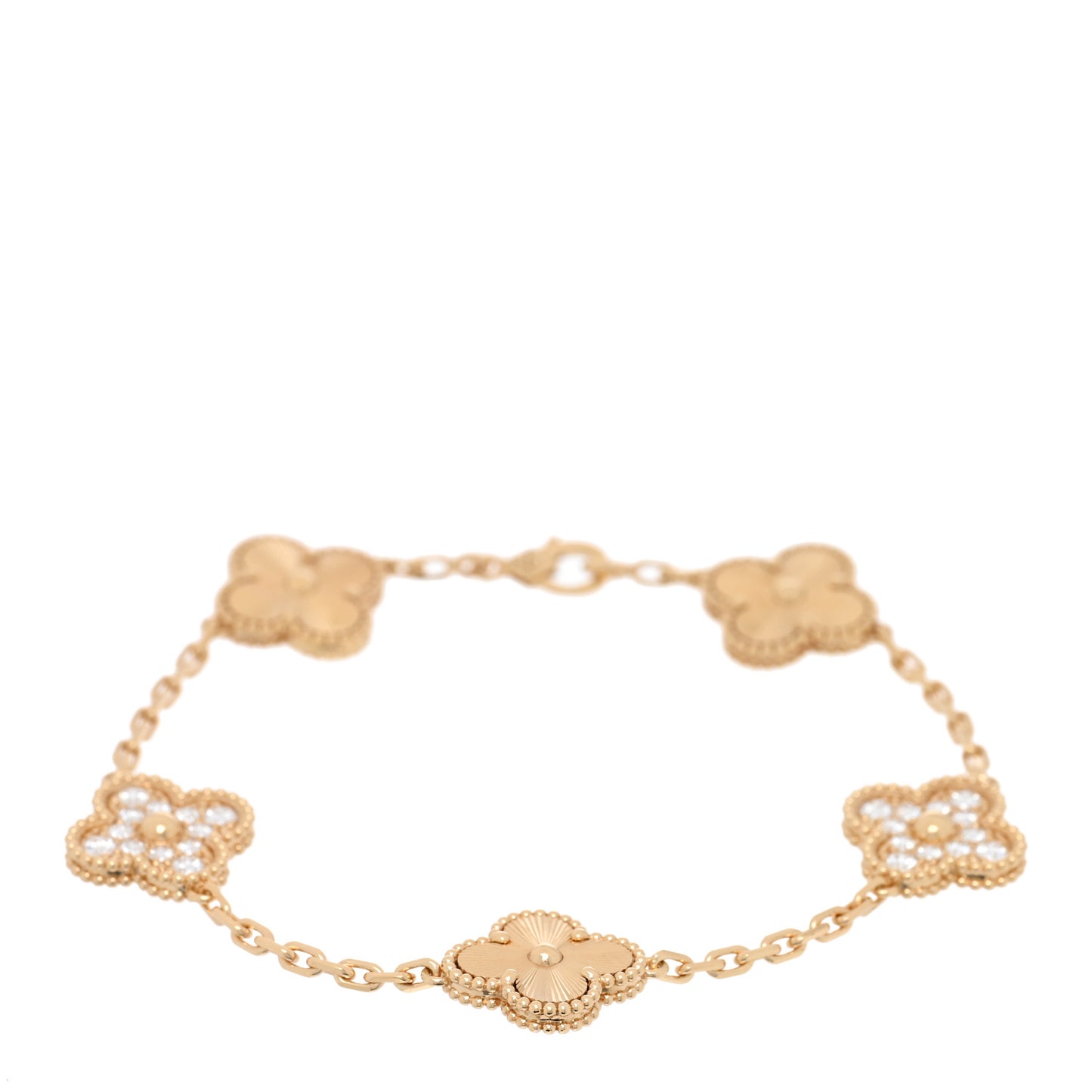 18K Yellow Gold Diamond 5 Motifs Guilloche Vintage Alhambra Bracelet