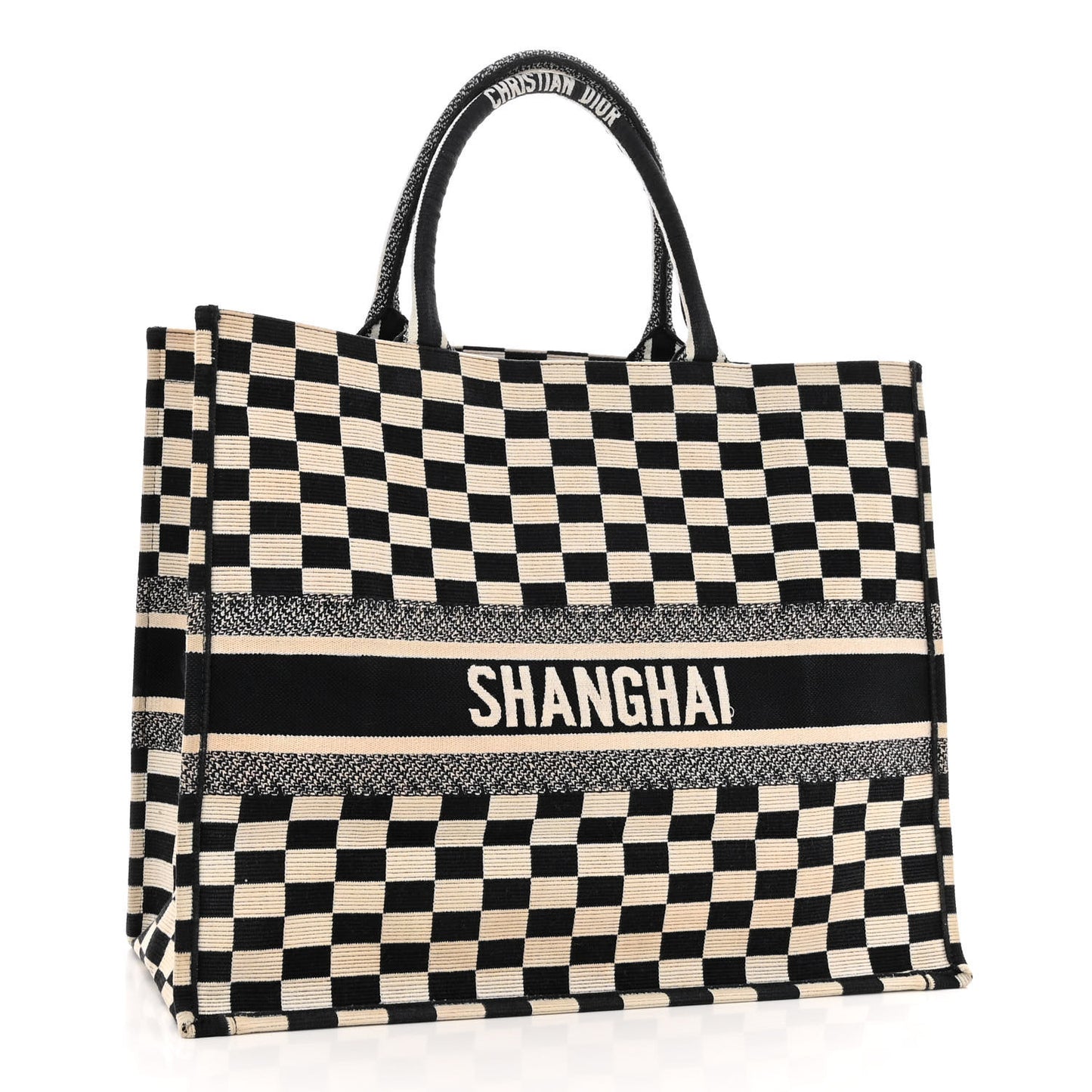 Canvas Embroidered Checkered Book Tote Black White